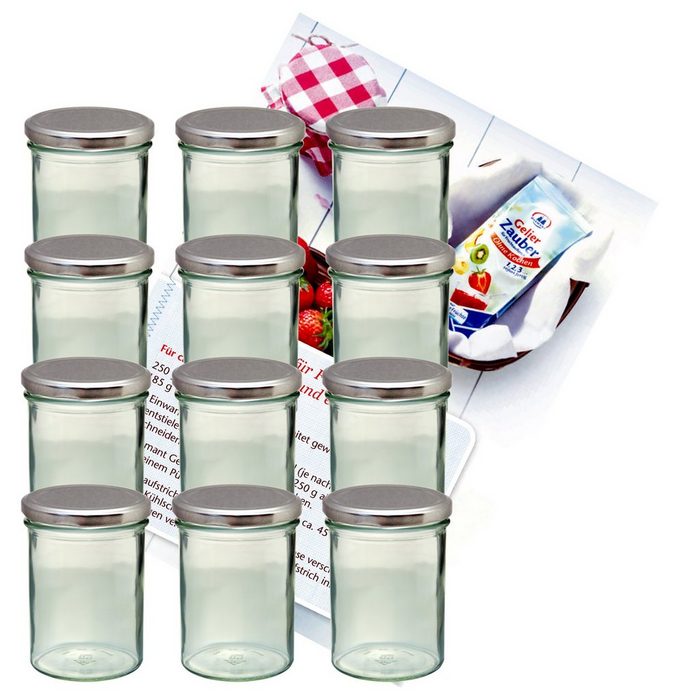 MamboCat Einmachglas 12er Set Sturzglas 435 ml Marmeladenglas Einmachglas Einweckglas To 82 silberner Deckel incl. Diamant-Zucker Gelierzauber Rezeptheft