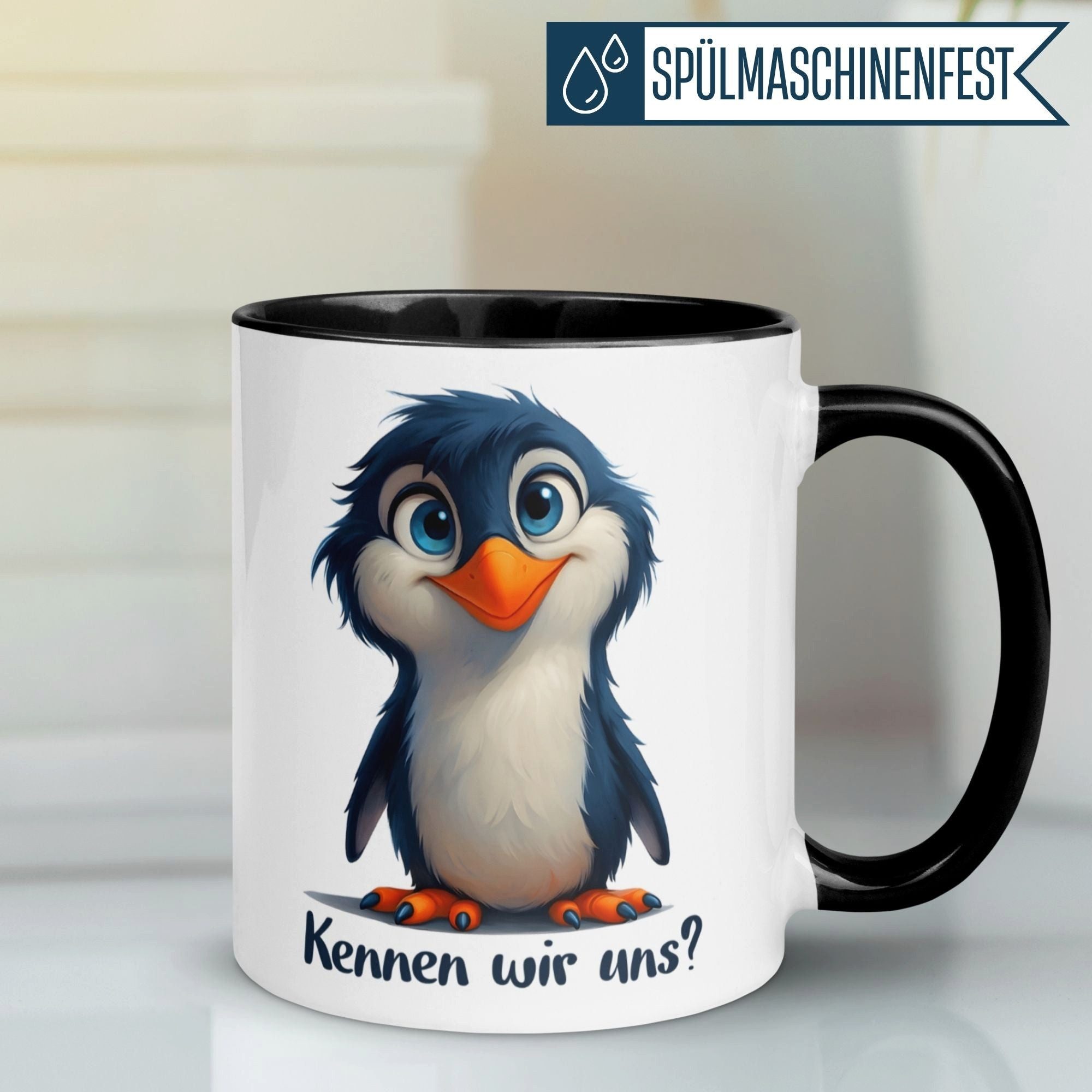 Momentals Tasse Pinguin – „Kennen wir uns“ – lustiger Geschenk Becher für Pinguin Fans, Gratis Versand · Links-&Rechtshänder · Spülmaschinenfest