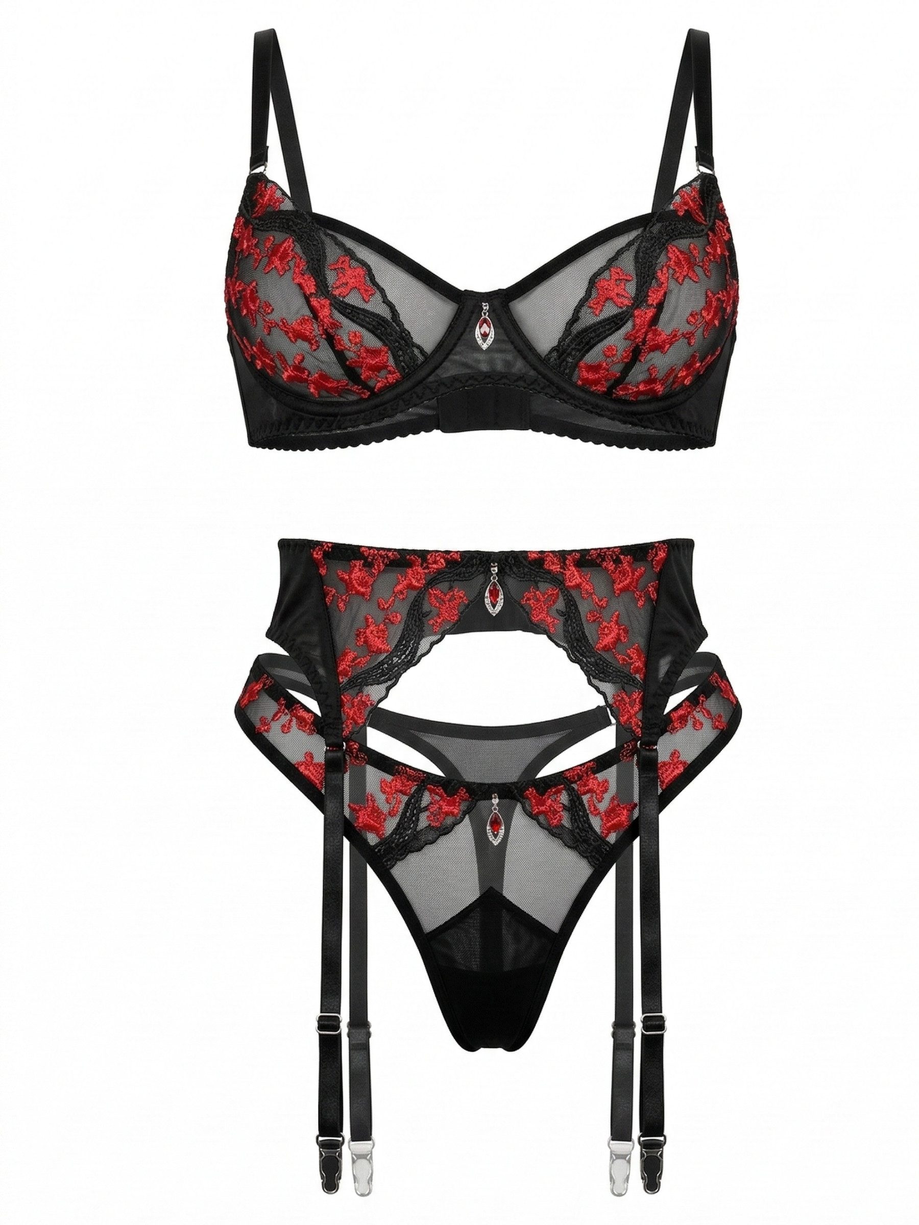 Elegant Love Set: Bügel-BH Sexy Dessous-Set – Straps-Set mit floraler Stickerei (Set, 3-tlg., BH + Strumpfgürtel + String) Reizwäsche – Lingerie Set, sinnliche  – Bild 2 von 5