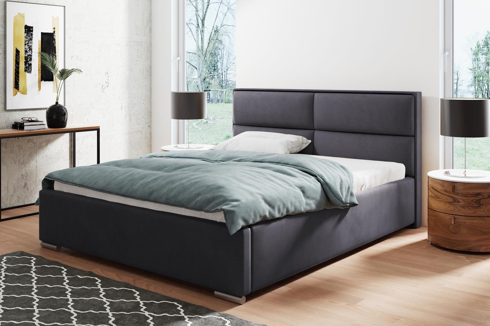 Beautysofa Polsterbett Duo (Doppelbett aus Velourstoff, mit große Bettkasten, gelb / schwarz / blau / grün / grau / rosa), mit Metallrahmen und Gaszylinder Grau (kronos 22)