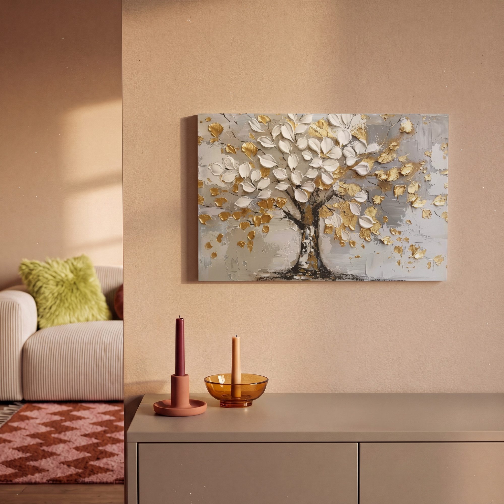 OneMillionCanvasses® Leinwandbild Baum - Beige - Grau - Gold - Abstrakt, Fotodruck (1 St), Wandbild, Deko Schlafzimmer Wohnzimmer Flur 20x20 cm – Bild 2 von 5