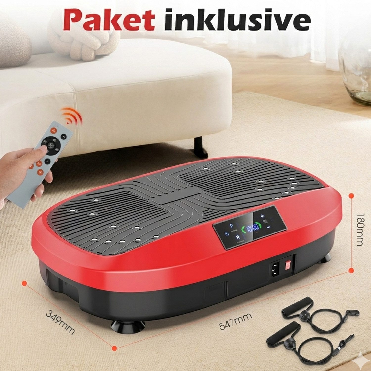 LETGOSPT Vibrationsplatte Vibrationsplatte Größe 57,5 x 42,5 x 17 cm, Bis 200KG, 200 W, 120 Intensitätsstufen, (mit Trainingsbandern, Ganzkörpertraining zu Hause), Ultra leisem Motor, Fernbedienung, Seitliche Transporträder