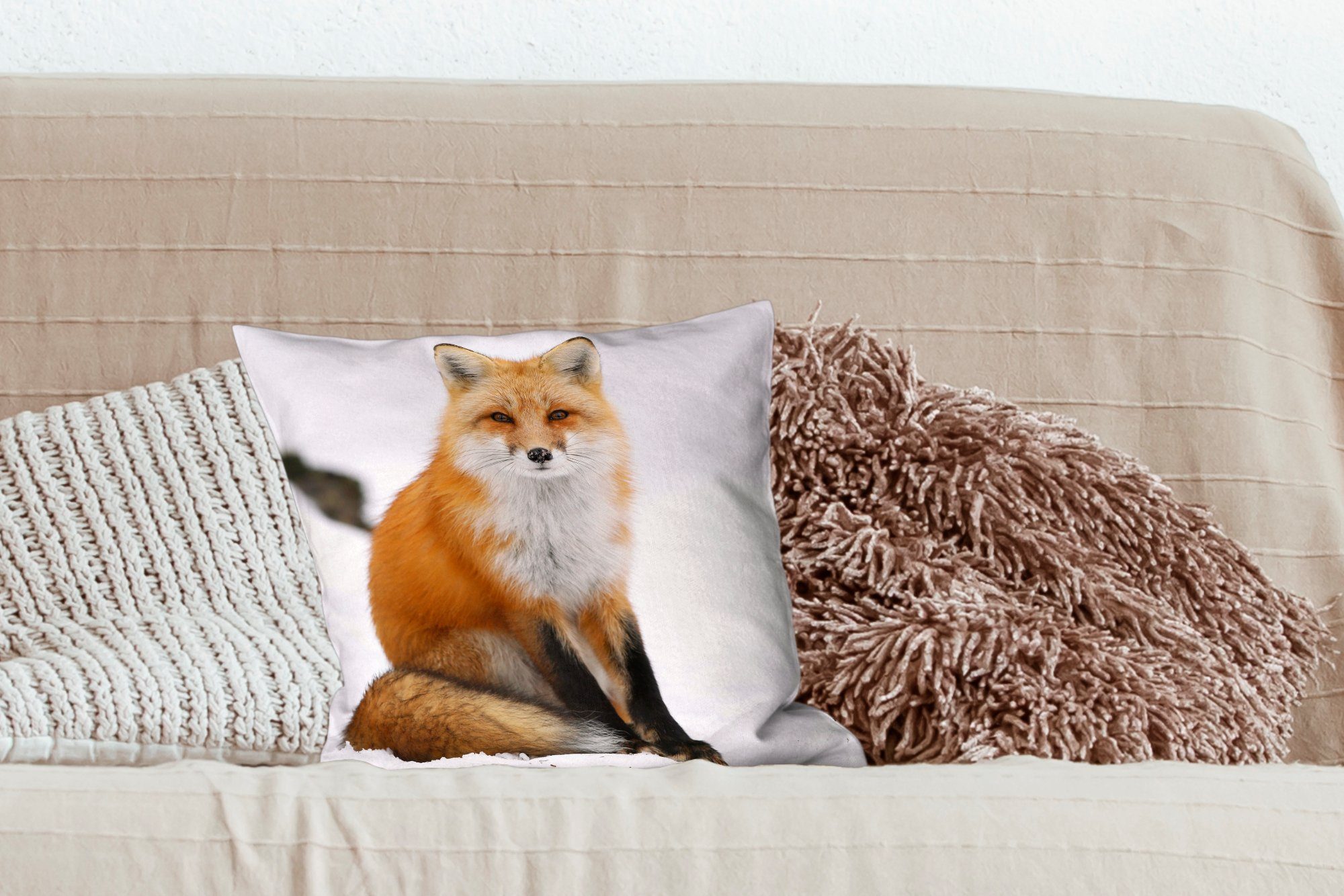 Schnee Füllung Deko, Fuchs Winter, MuchoWow Zierkissen mit für - Schlafzimmer, - Dekokissen Wohzimmer, Sofakissen