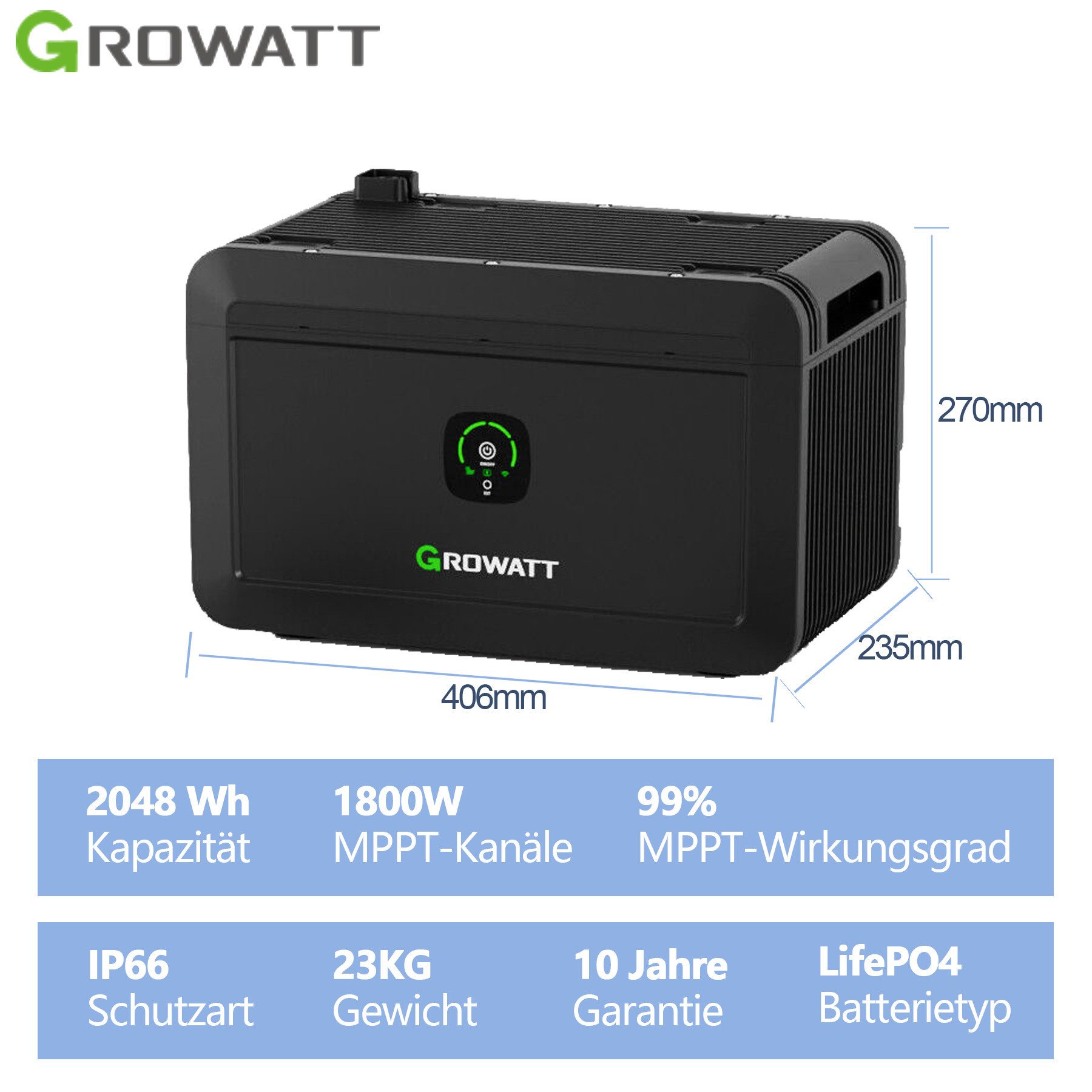 Growatt Balkonkraftwerk Growatt NOAH 2000 Speicher mit/ohne NEO 800W Mikro-Wechselrichter, LiFePO4, 1800W PV-Eingang, IP66, LiFePO4, Smart App Control