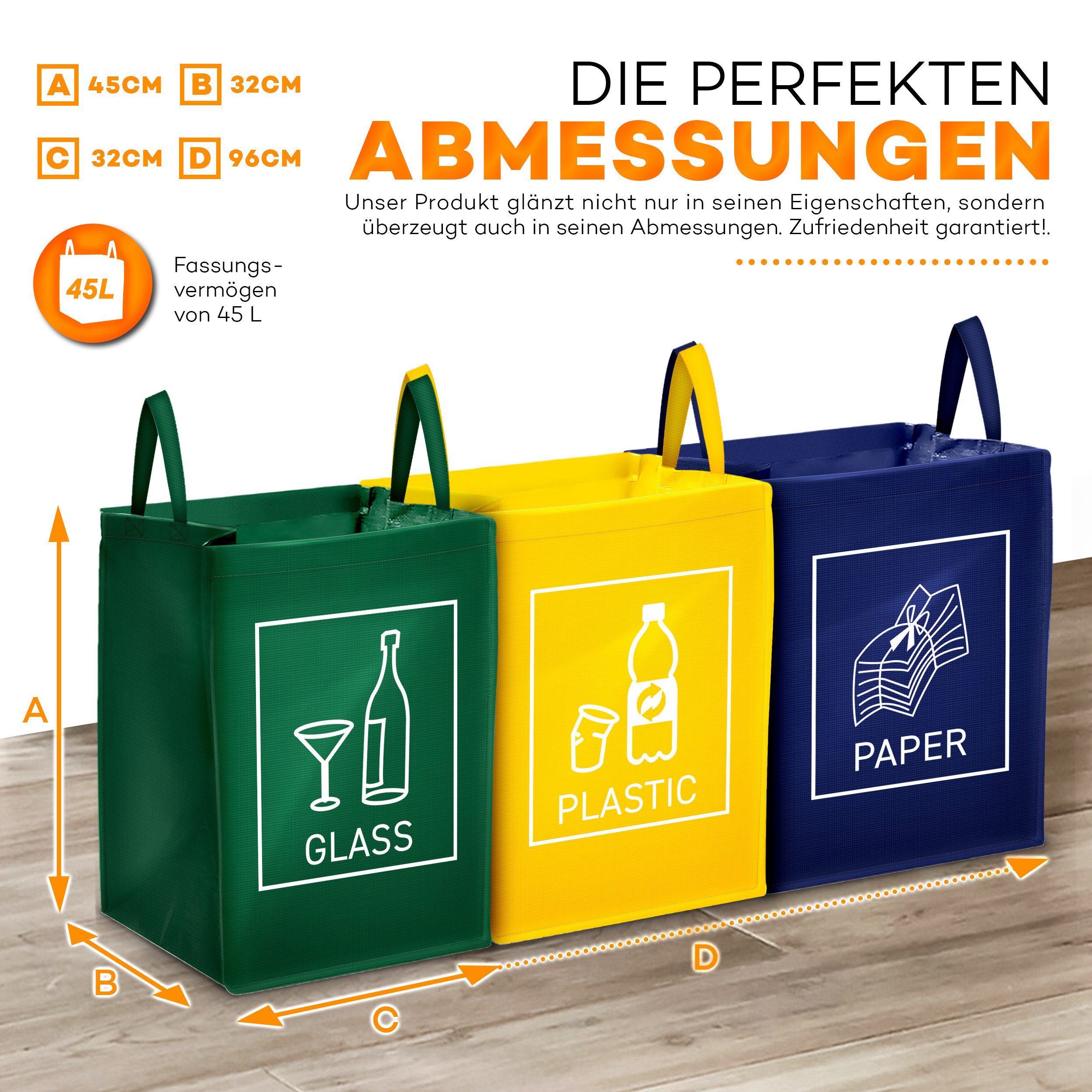 TRESKO Mülltrennsystem 3er Set Recycling Englisch Mülltrenner Mülleimer Trennsystem – Bild 5 von 5