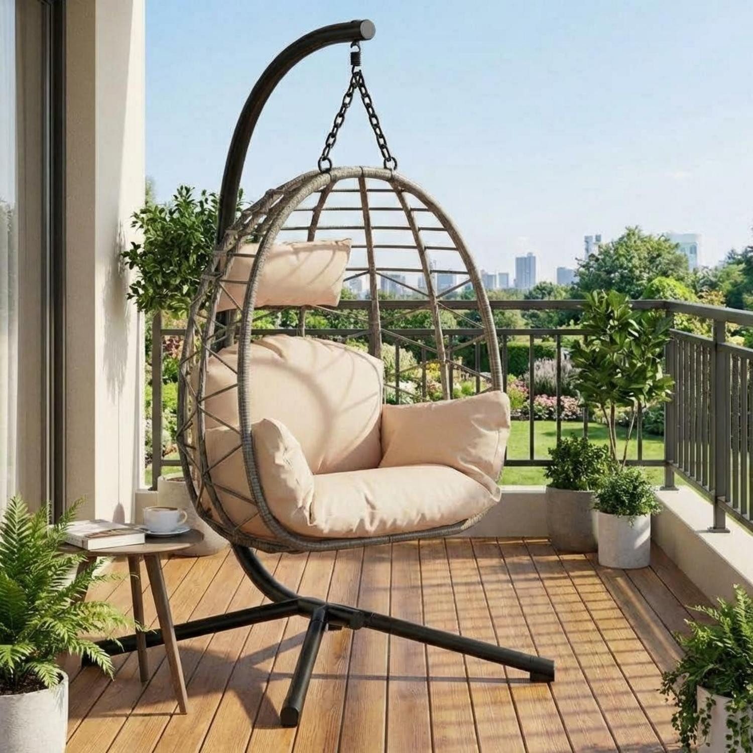 LuxusKollektion Hängesessel Hängesessel Rattan Metallgestell klappbar 150kg wetterfest Beige