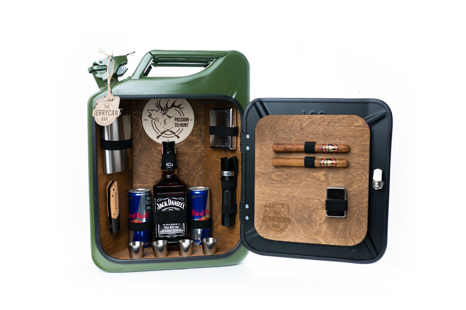 Deggelbam Flaschenregal ORIGINAL Männerhandtasche - JerryCan Bar Minibar, Geburtstagsgeschenk, Weihnachtsgeschenk oder Männergeschenk, Handgefertigt aus einem originalen 20 Liter US Army Kraftstoffkanister