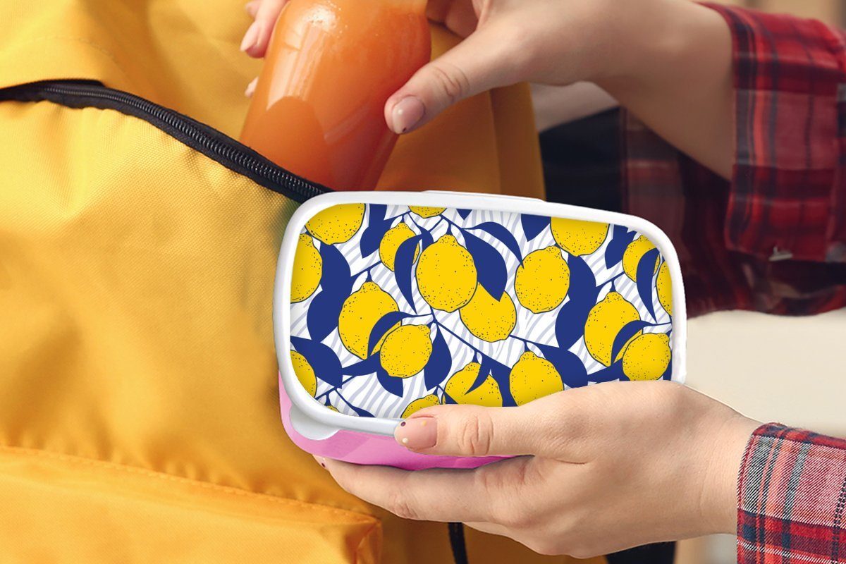 MuchoWow Lunchbox Zitrone - Zebra - Kunststoff, - Kunststoff Brotdose für Kinder, Erwachsene, Brotbox (2-tlg), Snackbox, Mädchen, Muster, Obst rosa