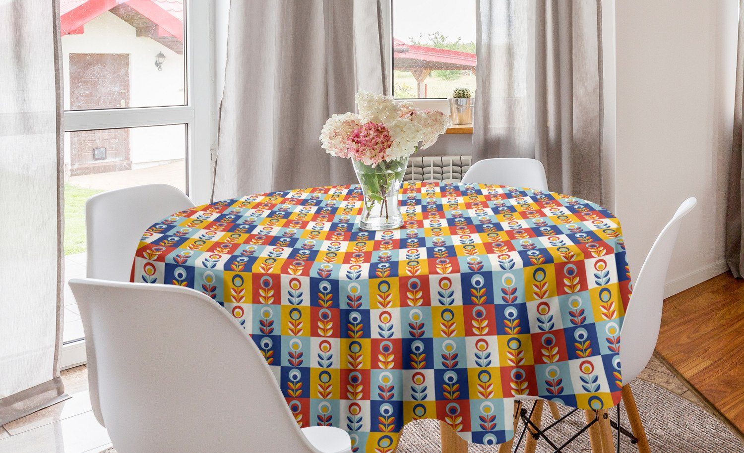 Abakuhaus Tischdecke Kreis Tischdecke Abdeckung für Esszimmer Küche Dekoration, skandinavisch Checkered und Blumen