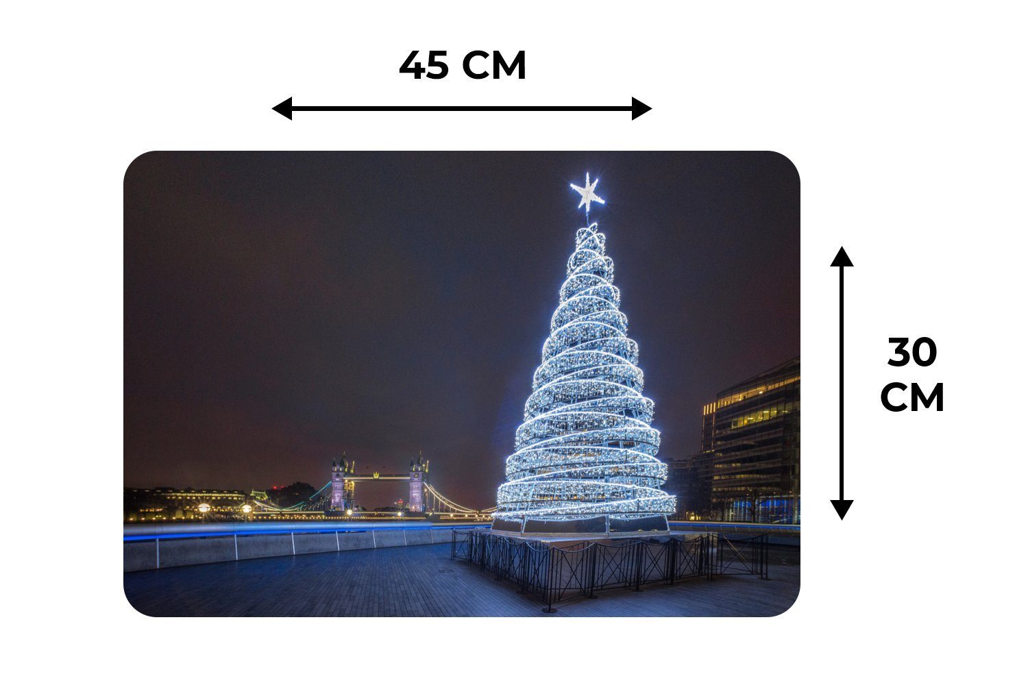 Platzset, Ein beleuchteter Weihnachtsbaum an der Platzmatte, MuchoWow, Platzset, Schmutzabweisend Tower Bridge Platzdecken, in (6-St), Tischmatten, England
