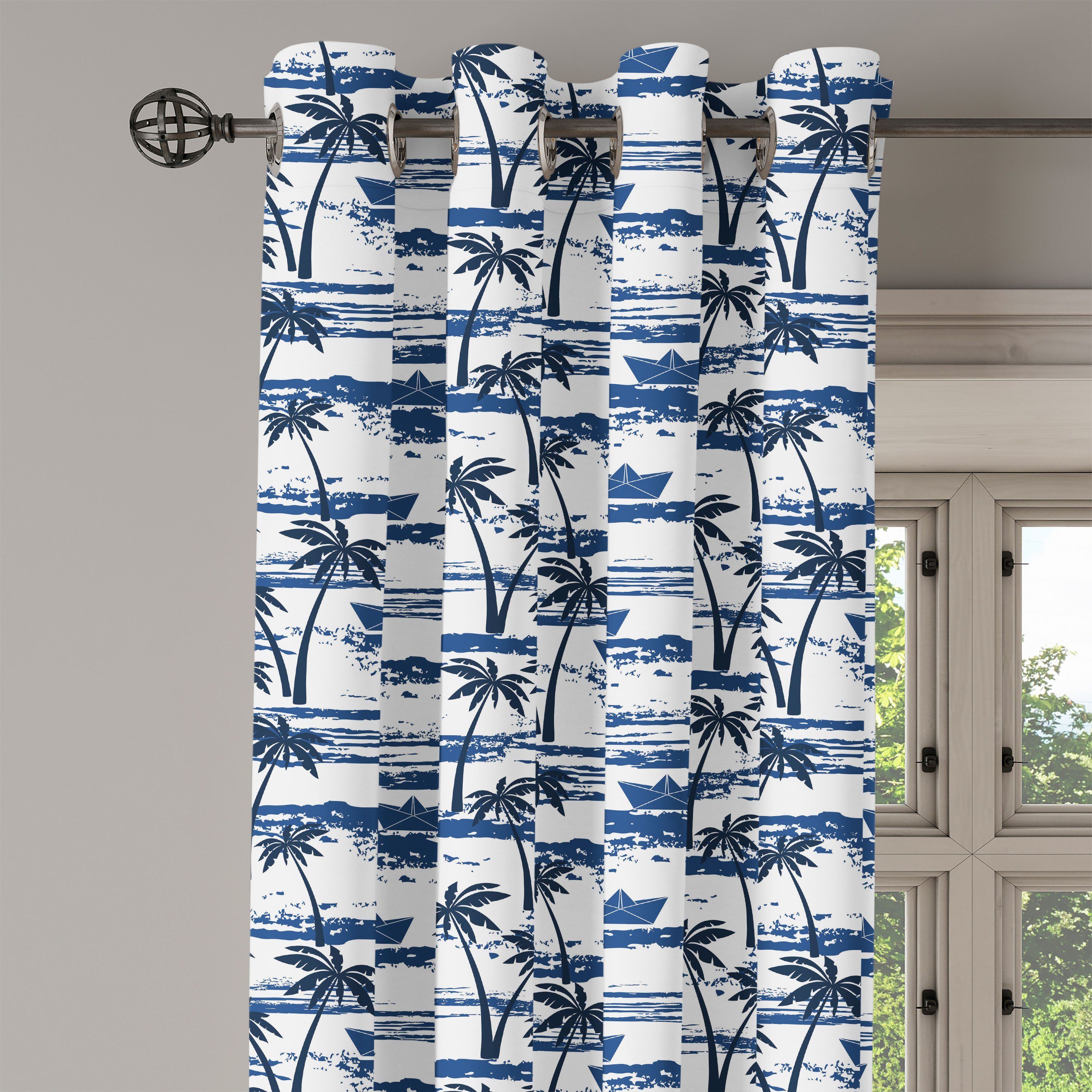 Abakuhaus, Wohnzimmer, Palme Wellen Dekorative für Papierboote auf Schlafzimmer Gardine 2-Panel-Fenstervorhänge