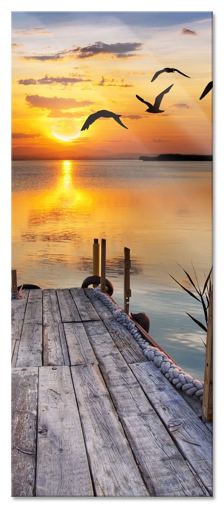 Pixxprint Glasbild Steg bei Sonnenuntergang, Steg bei Sonnenuntergang (1 St), Glasbild aus Echtglas, inkl. Aufhängungen und Abstandshalter