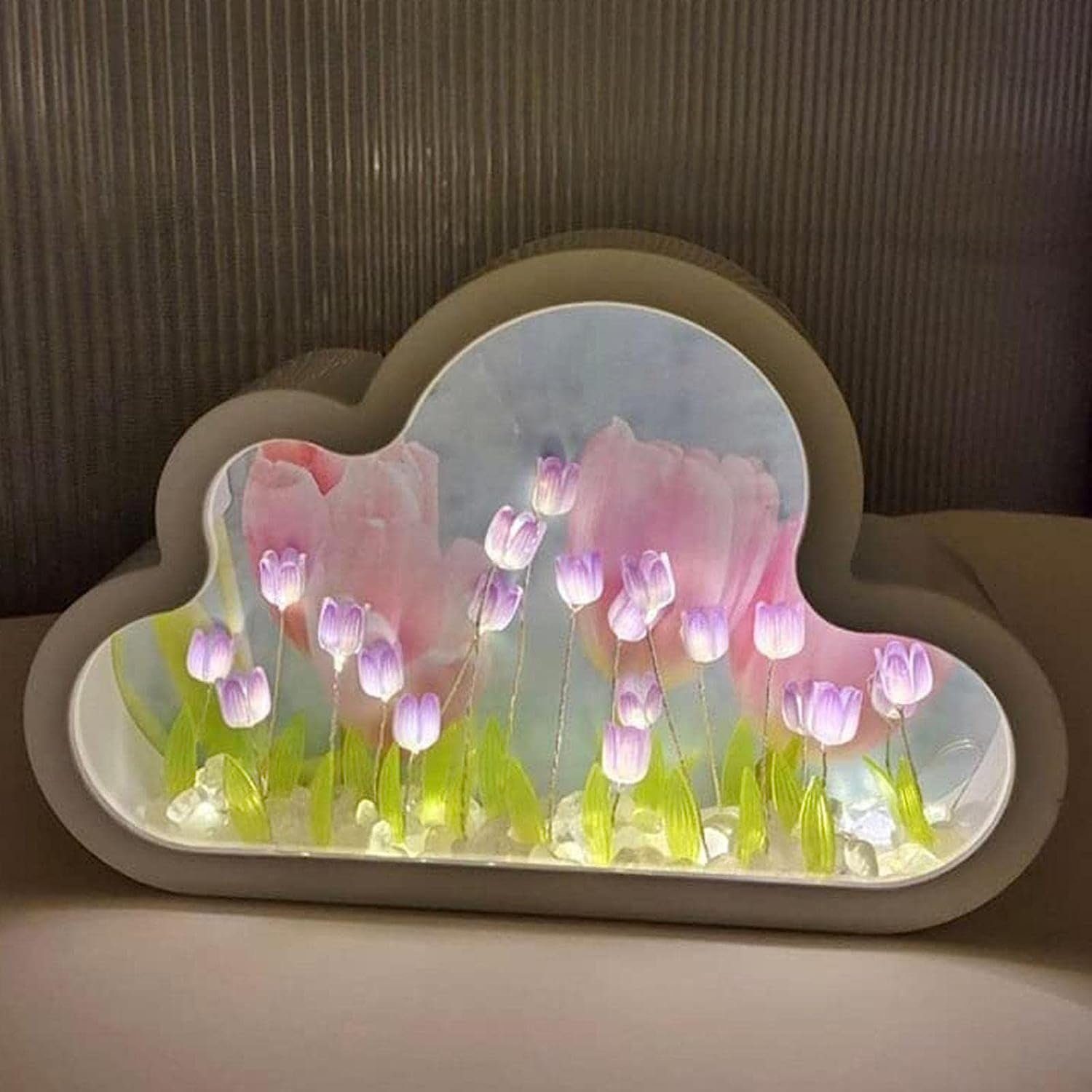 DOPWii Nachttischlampe Nachtlampe Wolkenspiegel,Tulpen-Nachtlicht, Wolkenspiegel-Tulpenlampe Rosa