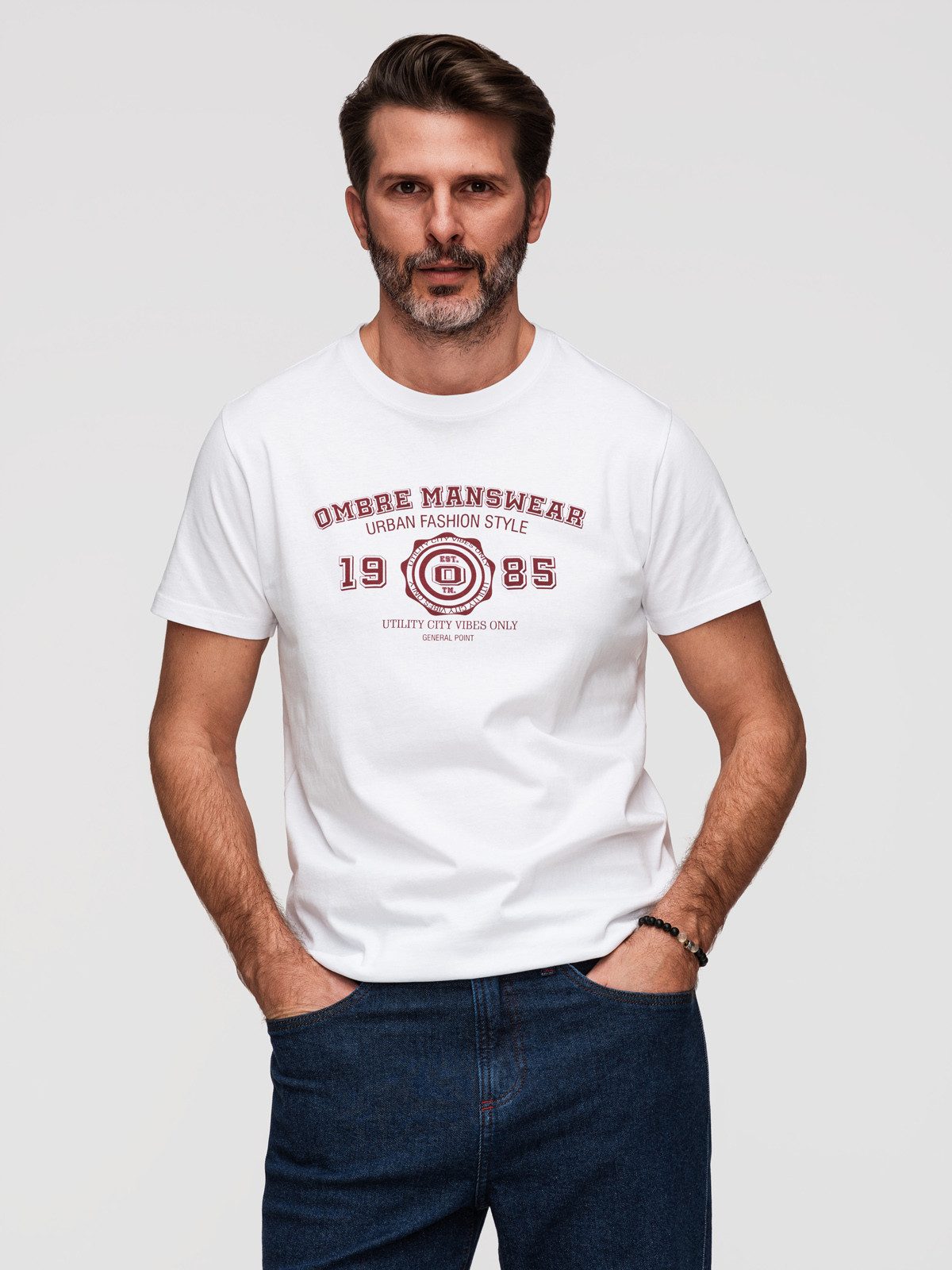 OMBRE T-Shirt Herren T-Shirt mit College-Print im Regular Fit Weiß L (kein Set, 1-tlg)