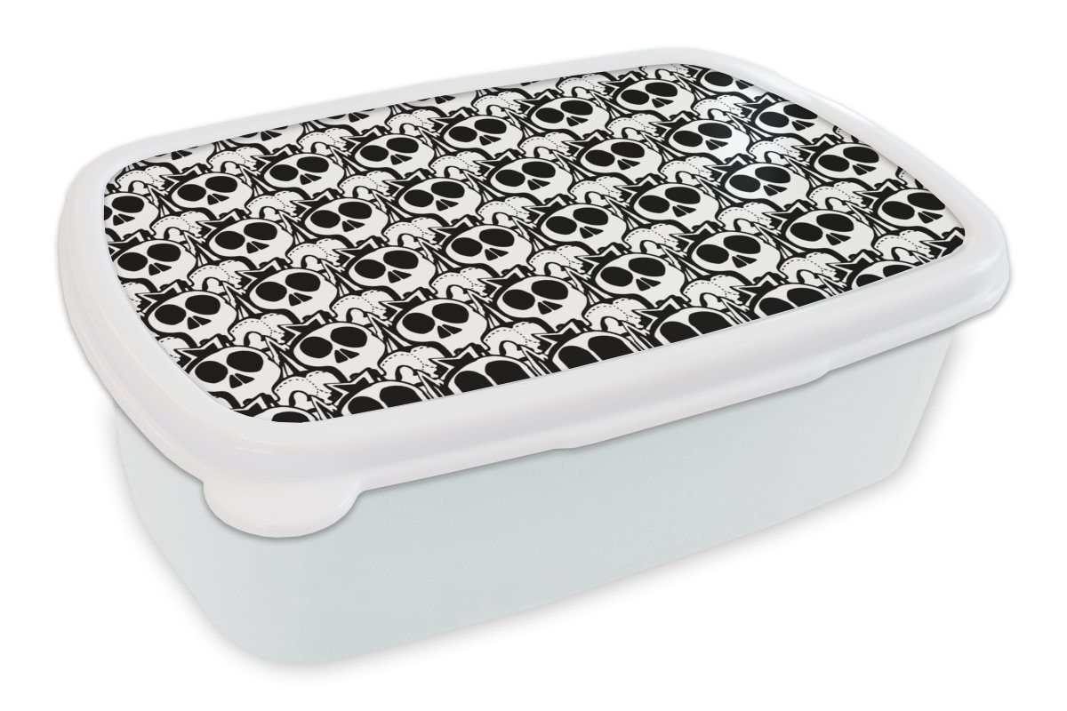 MuchoWow Lunchbox Teensy - Totenkopf - Schwarz - Muster, Kunststoff, (2-tlg), Brotbox für Kinder und Erwachsene, Brotdose, für Jungs und Mädchen weiß