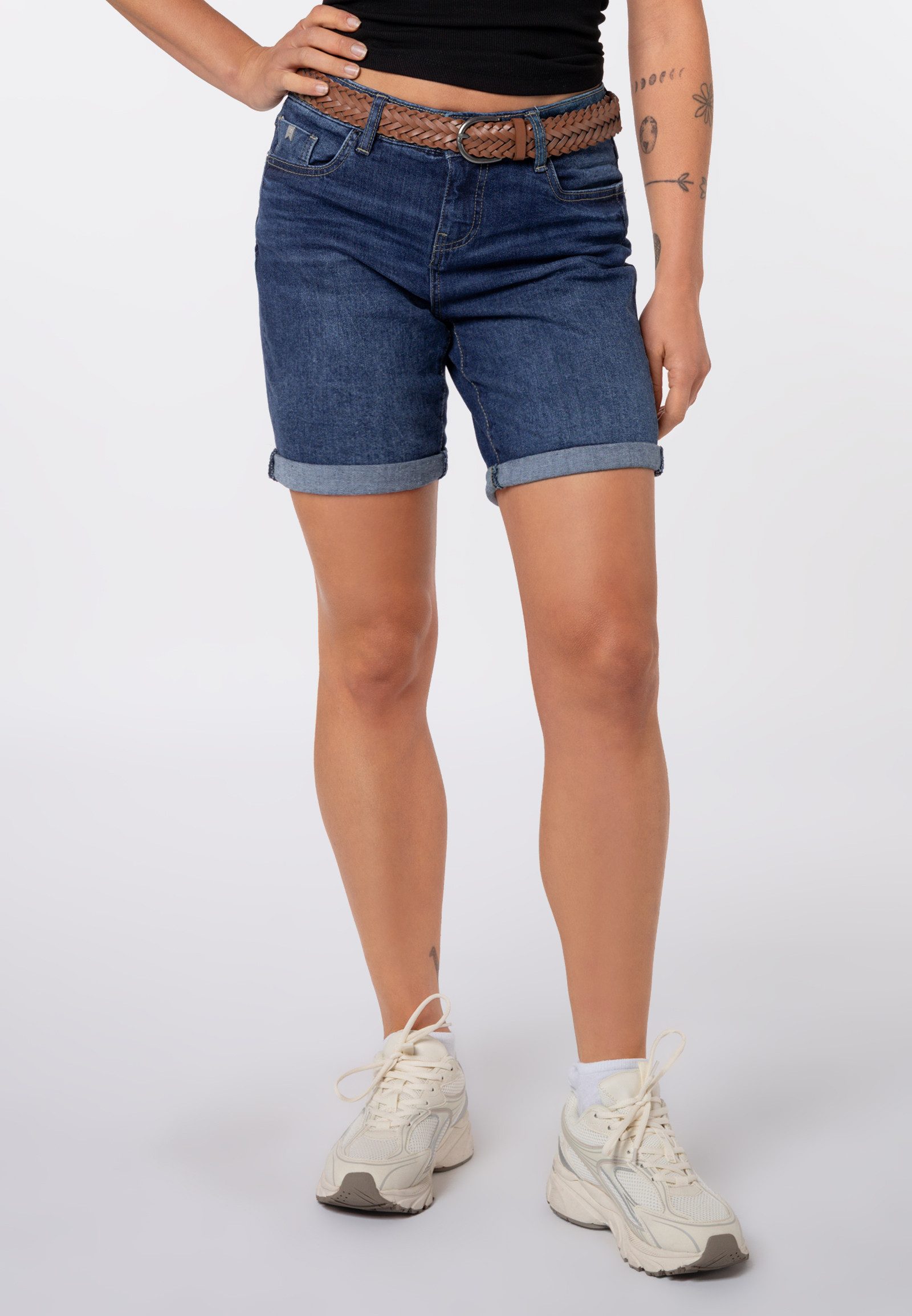 SUBLEVEL Jeansbermudas Damen Denim Shorts mit Gürtel Stretch-Jeans-Bermuda, Flechtgürtel