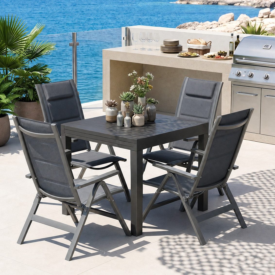 HOMALL Garten-Essgruppe Aluminium Ausziehbarer Esstisch und 7-fach verstellbarer Klappstuhl, (5-tlg), Ausziehtisch und Klappstuhl Aluminiumrahmen witterungsbeständig