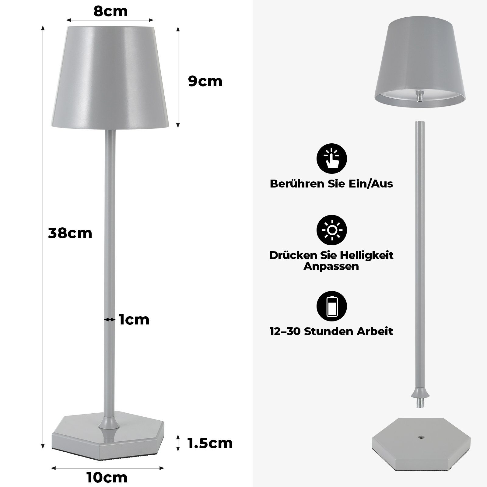 2 TLGREEN Schreibtischlampe Grau Dimmbare,300LM,IP54 LED Tischlampe Akku Stücke Tischlampe Kabellos,