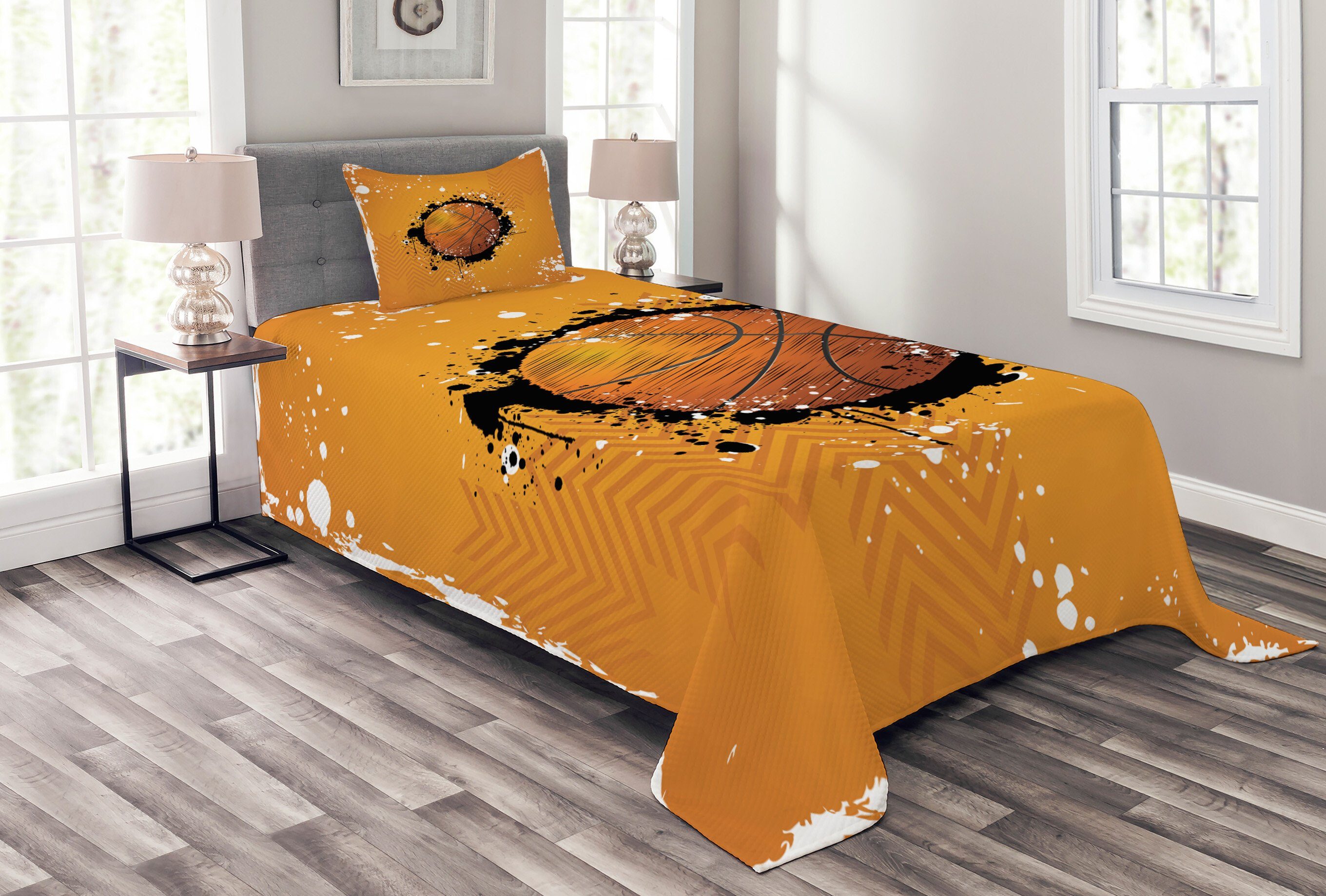 Basketball Kissenbezügen mit Orange Abakuhaus, Tagesdecke Set Stil Splash Waschbar,