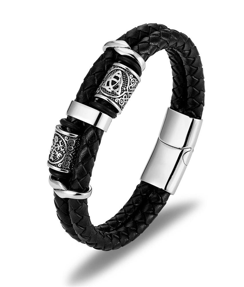 Rouemi Lederarmband Herrenarmband, Mode-Edelstahlarmband, zwei Lagen geflochtenes Armband