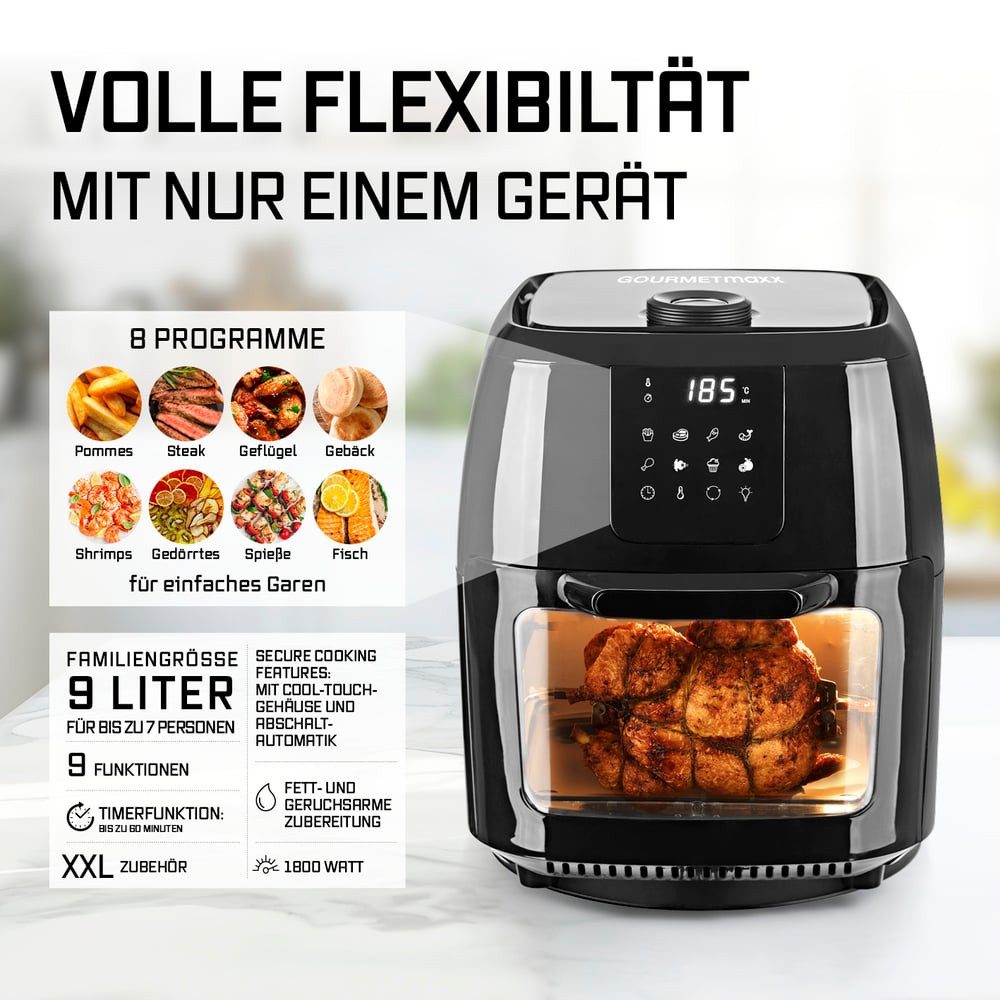 GOURMETmaxx Heißluftfritteuse 9 l Ofen - XXL-Zubehörset mit Drehspieß, 1800 W, fettarm frittieren knusprige Pommes, Hähnchen auftauen backen wärmen