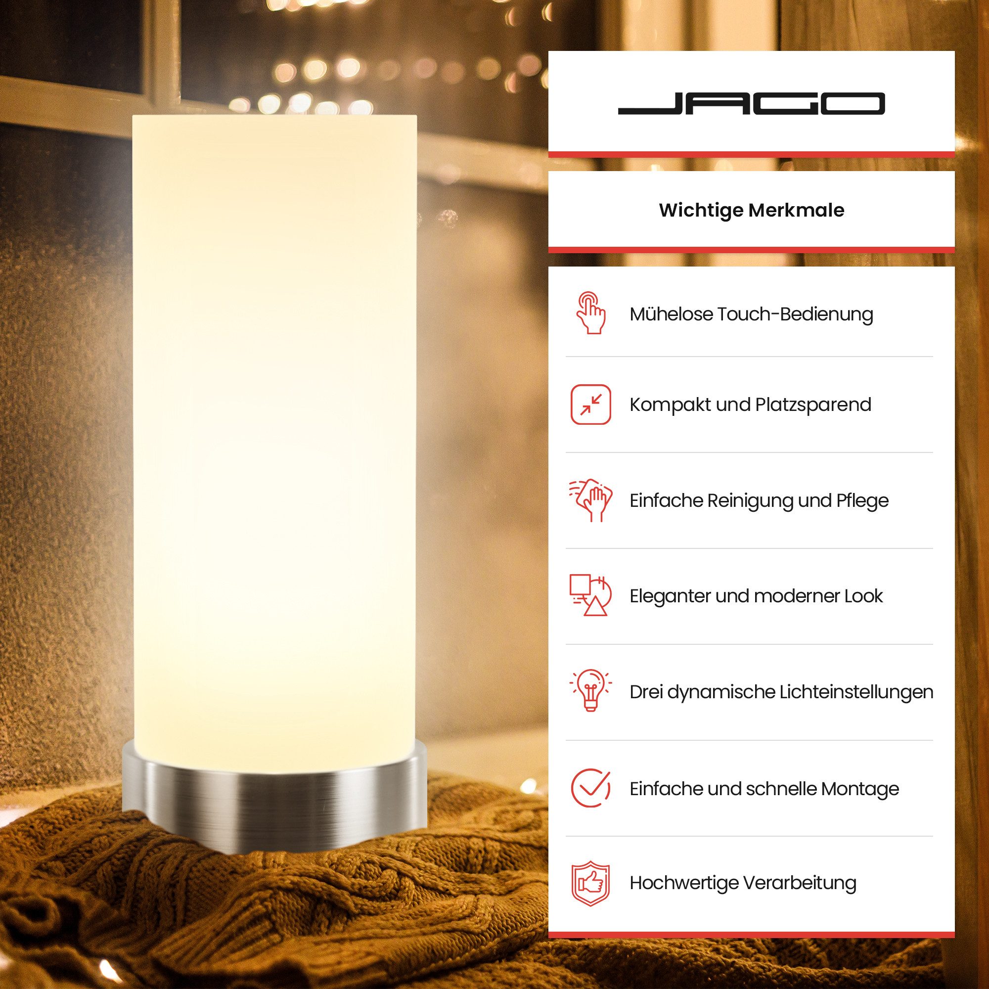 Jago Nachttischlampe Tischlampe mit Dimmer Touchfunktion günstig online kaufen