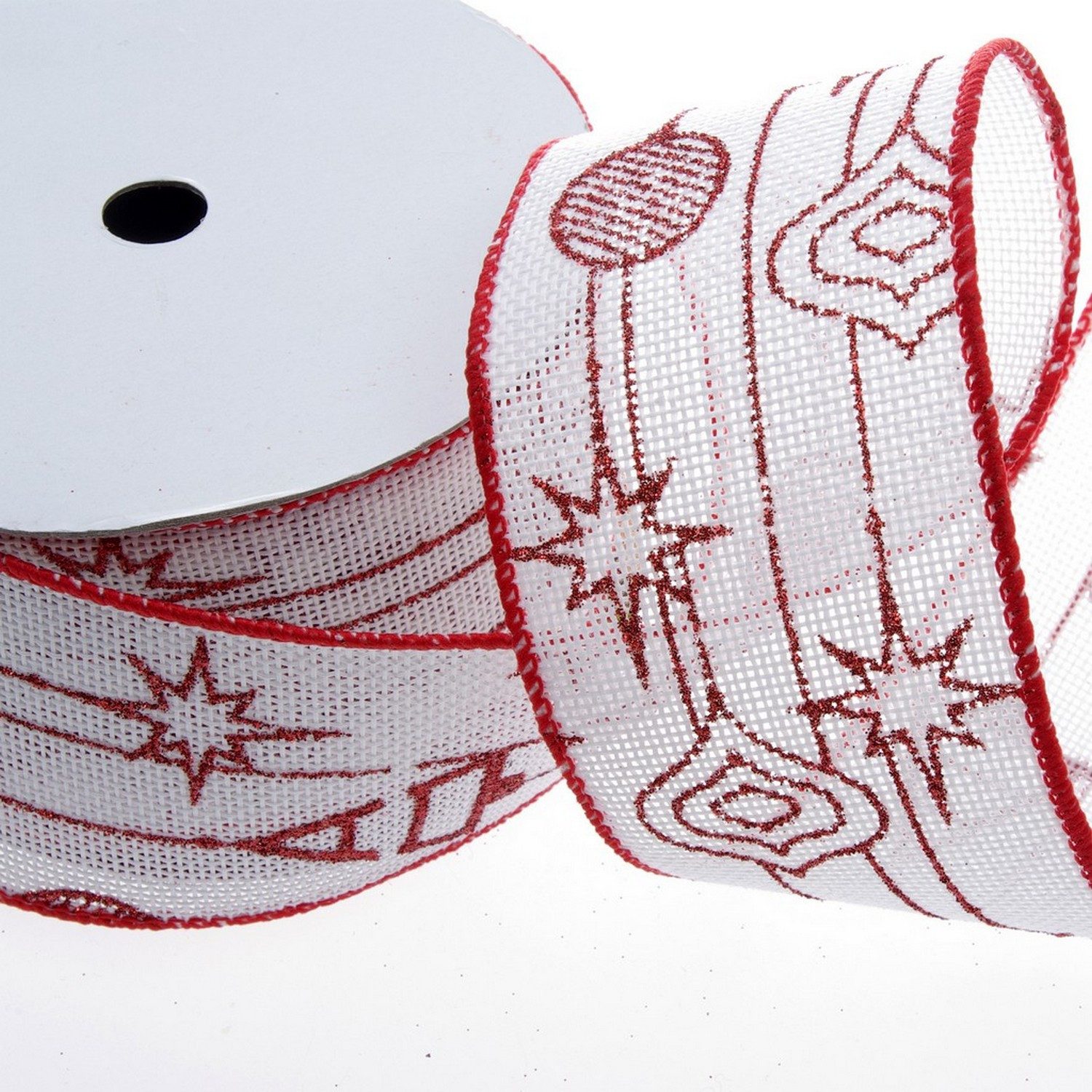 Deko AS Geschenkband Dekoband Leinenoptik "Red Christmasballs" - weiß-rot - 60mm 10m -, mit Drahtkante