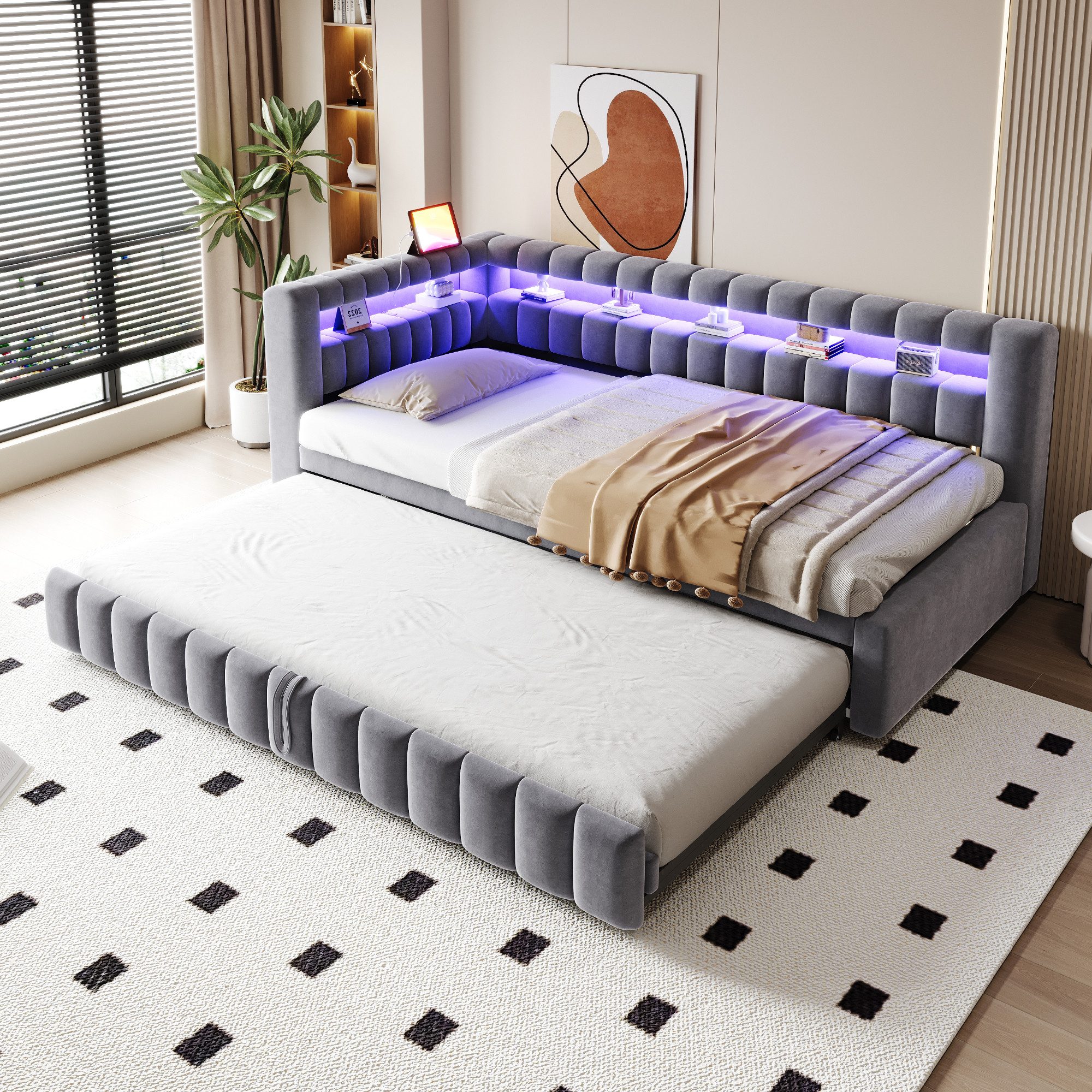 MODFU Schlafsofa mit Ausziehbett, Polsterbett mit LED-Beleuchtung & USB-Anschluss, Kinderbett 90x200/180x190 cm, ohne Matratze