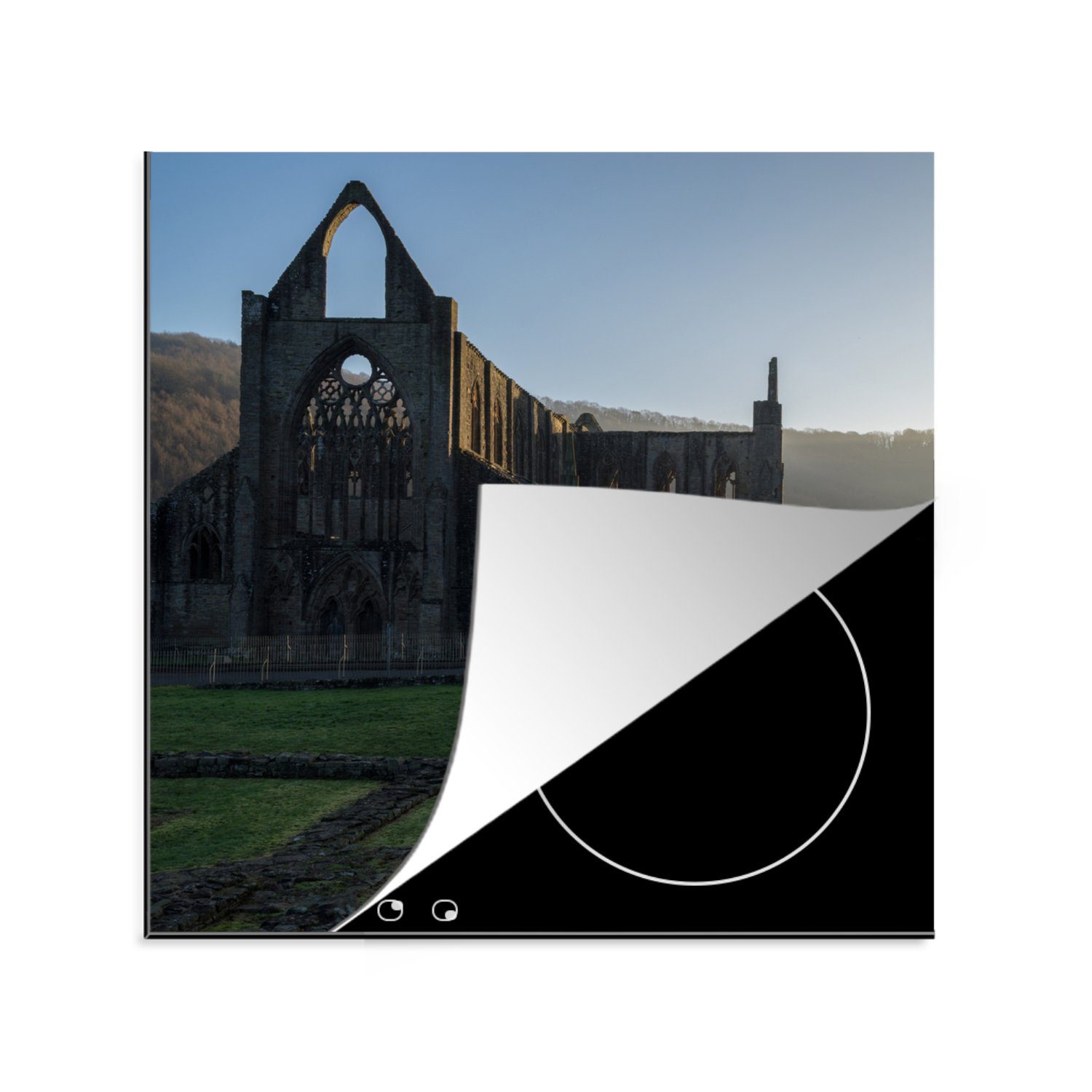 MuchoWow Herdblende-/Abdeckplatte Sonnenaufgang in Tintern Abbey in Wales, Vinyl, (1 tlg), 78x78 cm, Ceranfeldabdeckung, Arbeitsplatte für küche