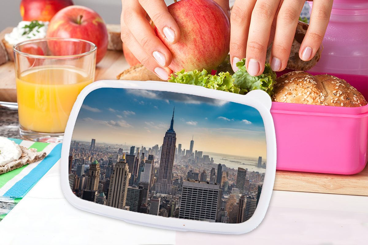 MuchoWow Lunchbox New York - Wasser, Kunststoff, Erwachsene, Mädchen, Brotdose Kunststoff Snackbox, für Kinder, (2-tlg), Brotbox Wolken - rosa