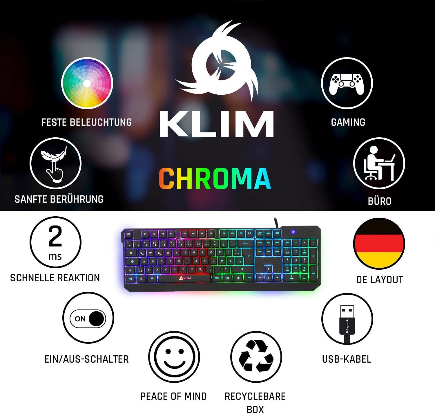 Chroma Anti Ghosting langlebiges und wasserfestes Tasten, wireless Gaming, Gaming-Tastatur Gaming Tastenbelegung) (ergonomisches, Keyboard, Deutsche hintergrundbeleuchtete KLIM