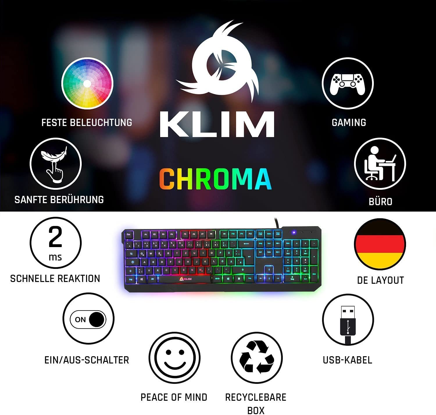 KLIM Chroma wireless Gaming, hintergrundbeleuchtete Tasten, Anti Ghosting Gaming-Tastatur (Deutsche Tastenbelegung, ergonomisch, wasserfest, keyboard)