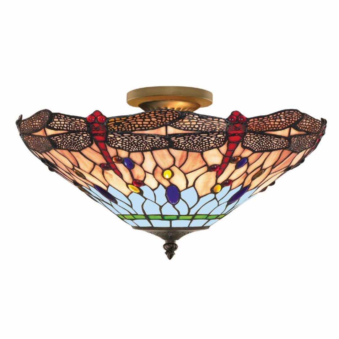 Licht-Erlebnisse Deckenleuchte DRAGONFLY, ohne Leuchtmittel, Deckenlampe Tiffany  Stil E14 Metall Buntglas Beleuchtung Wohnzimmer