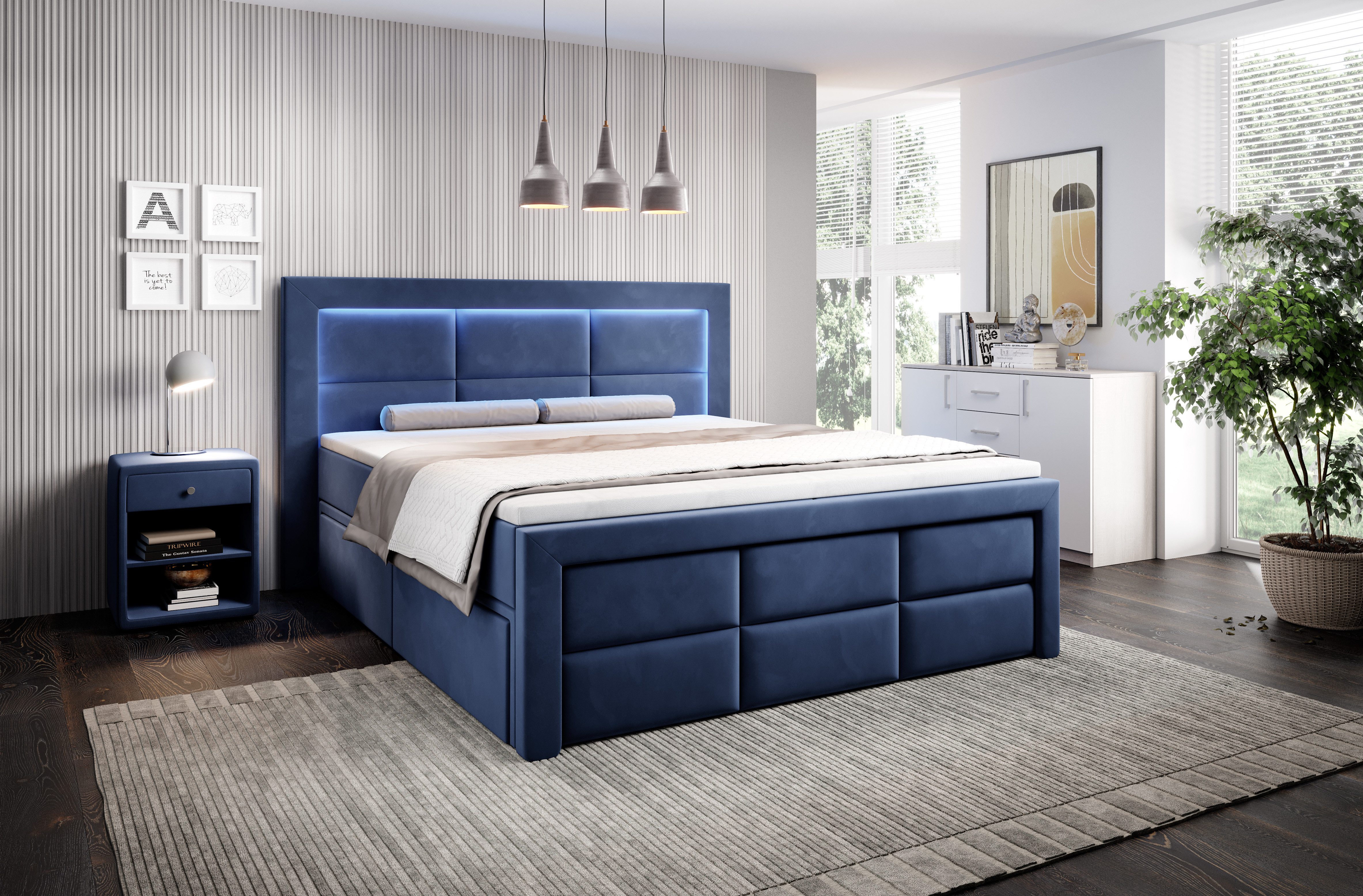 PROMETO Möbel Boxspringbett Schlafbett mit 2 Schubladen Bettkasten 180x200cm LED Beleuchtung (2 Schubladen, Taschenfederkernmatratze 7 Zonen, Topper)