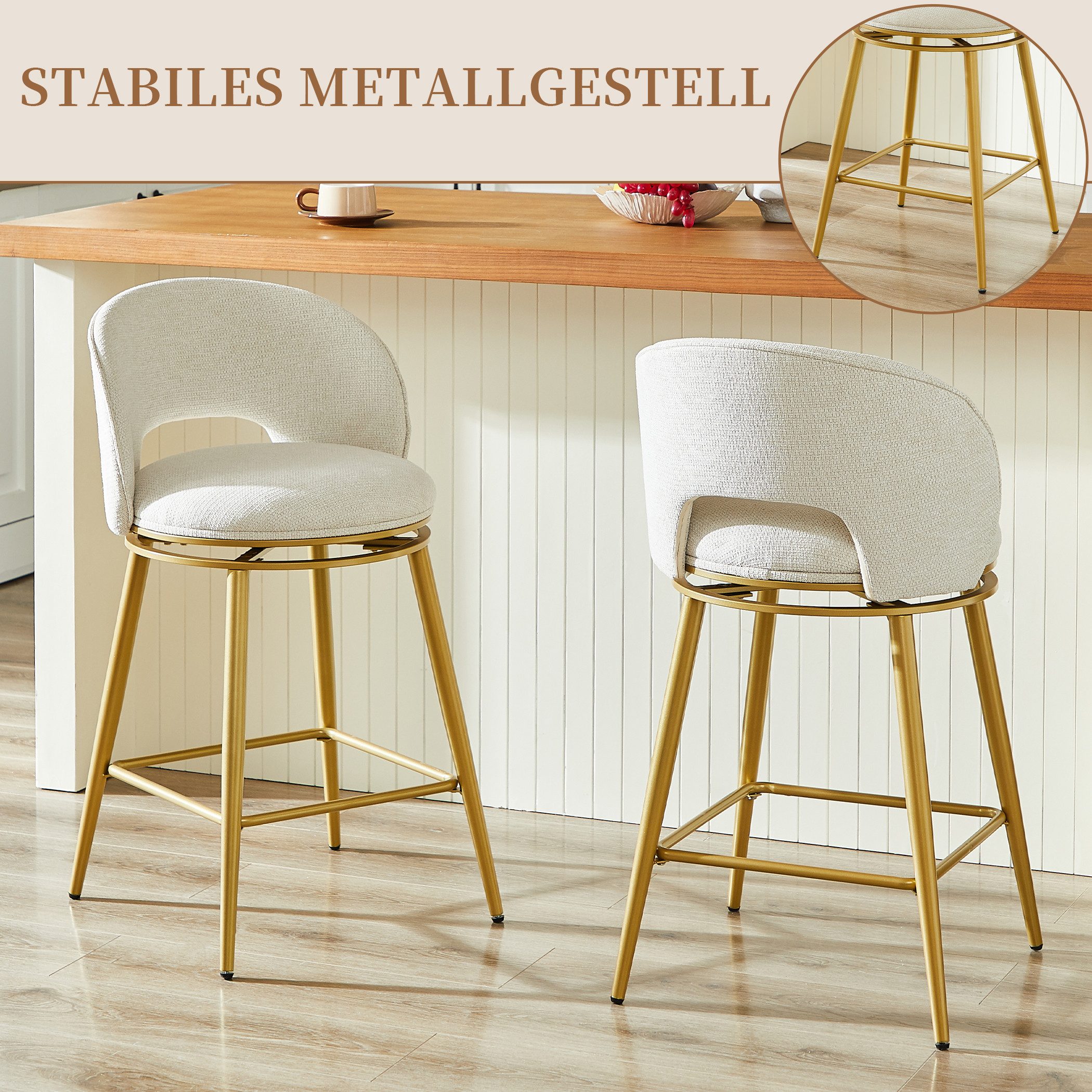 SeedWave Barhocker 2er Set Barstühle mit Lehne, Chenille-Polsterhocker mit Fußstütze, Metallgestell Drehhocker