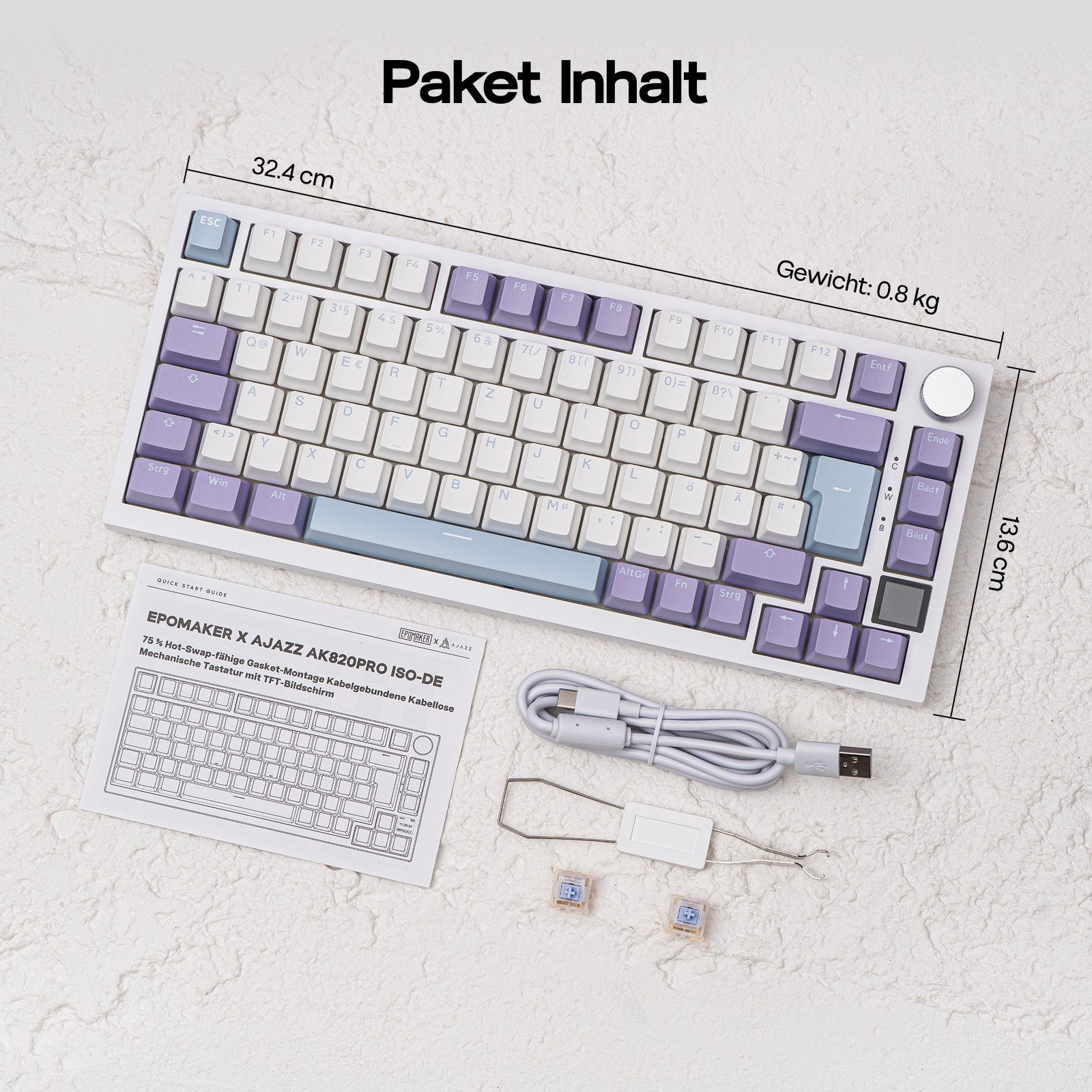 AJAZZ AK820 Pro ISO-DE Mechanische, RGB-Gaming(75) Tastatur (QWERTZ-DE-Layout, BT/2,4 GHz/Kabel, TFT-Display, Creamy Gasket)