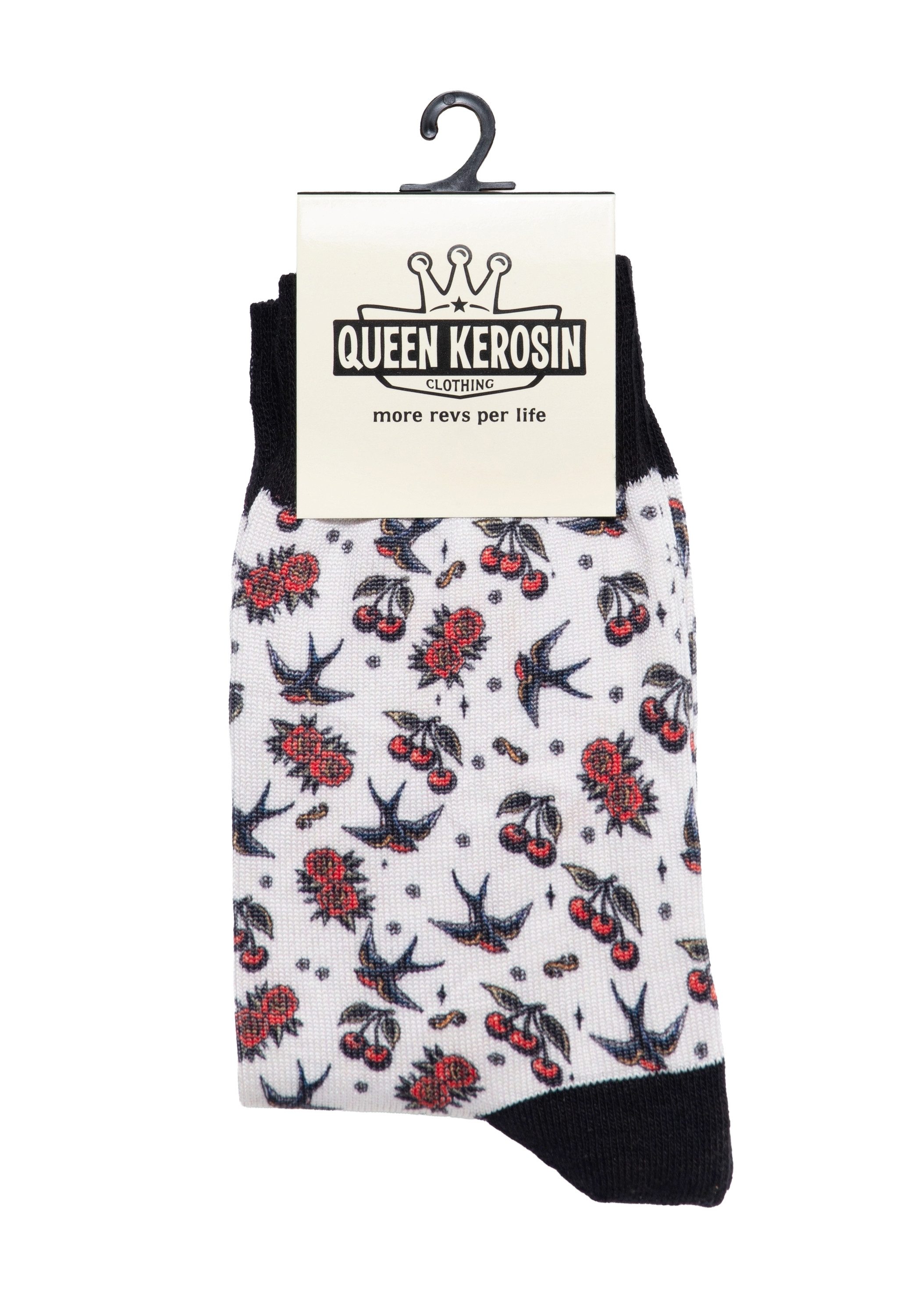 QueenKerosin Socken Cherries & Roses mit Oldschool-Tattoo-Motiven