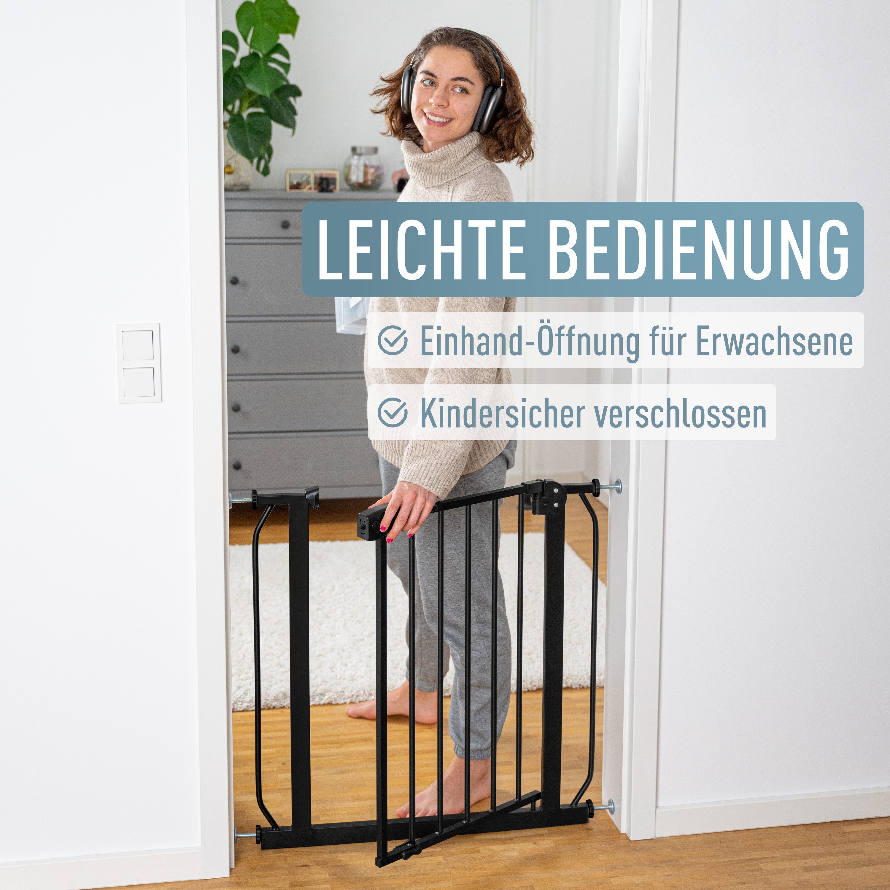 ib style Türschutzgitter Berrin Treppengitter ohne Bohren 67-75cm schwarz, Getestet in Deutschland, 2-fach Sicherung, Babygitter bis 24 Monaten – Bild 5 von 5