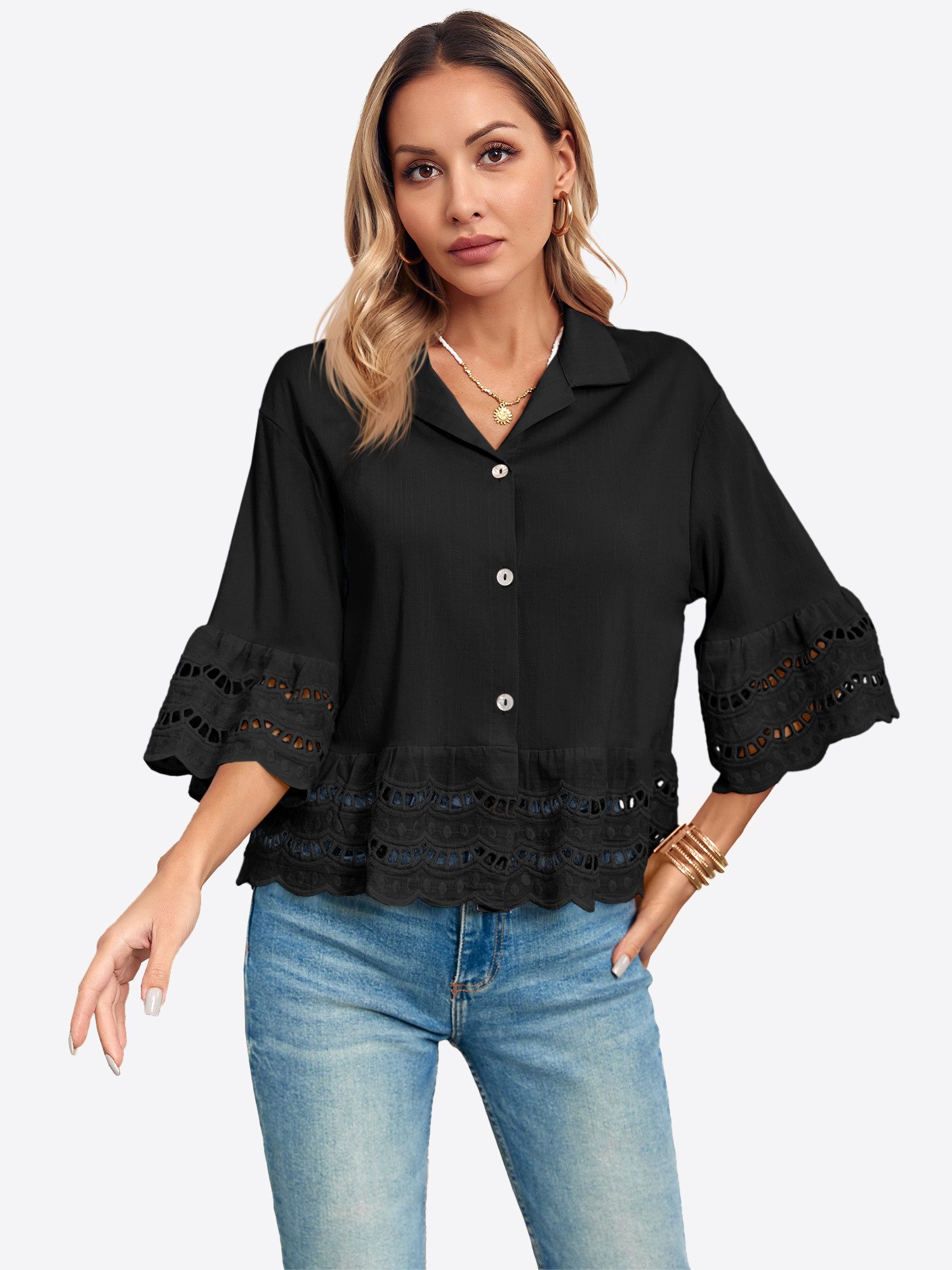 Imily Bela Blusenshirt Damen Button Down Hemden mit 3/4-Glockenärmeln (Packung, 1-tlg., 1per-Pack) Durchbrochener Rüschenrand