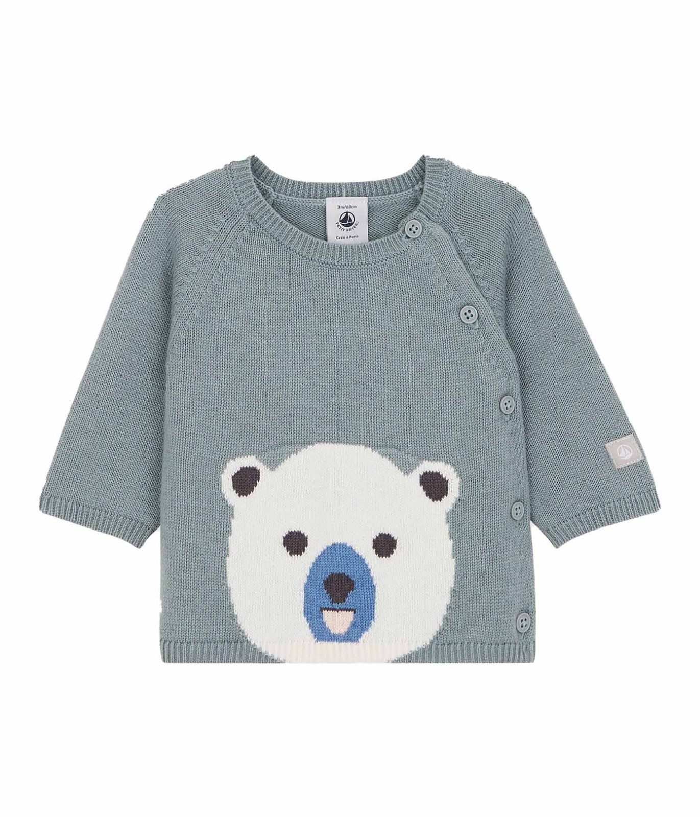 Petit Bateau Strickpullover Petit Bateau Baby Strickpullover blaugrün mit Bärenmotiv