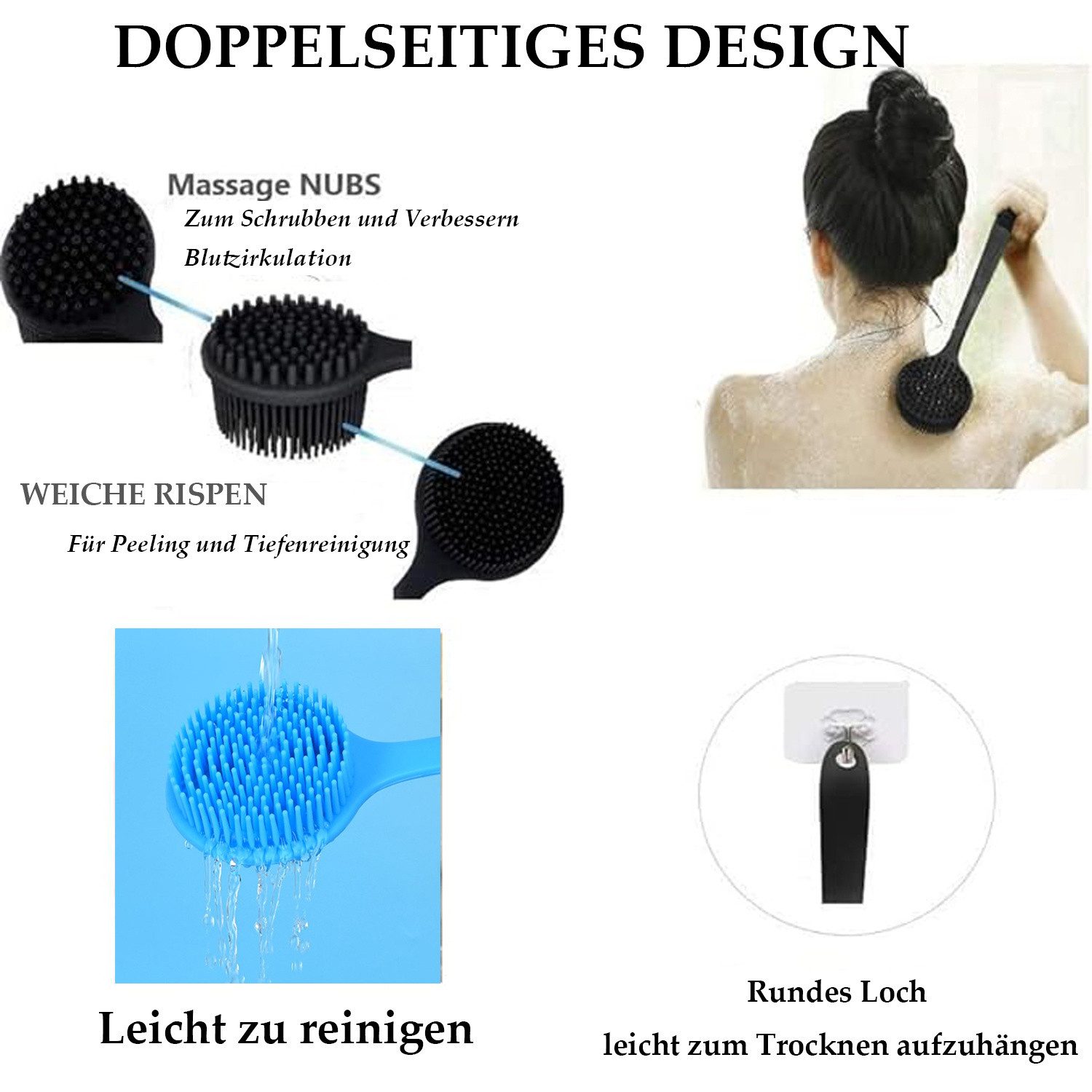 autolock Badebürste Silikon-Körperschrubber, Langer Griff Rückenschrubber( 2er-Pack)