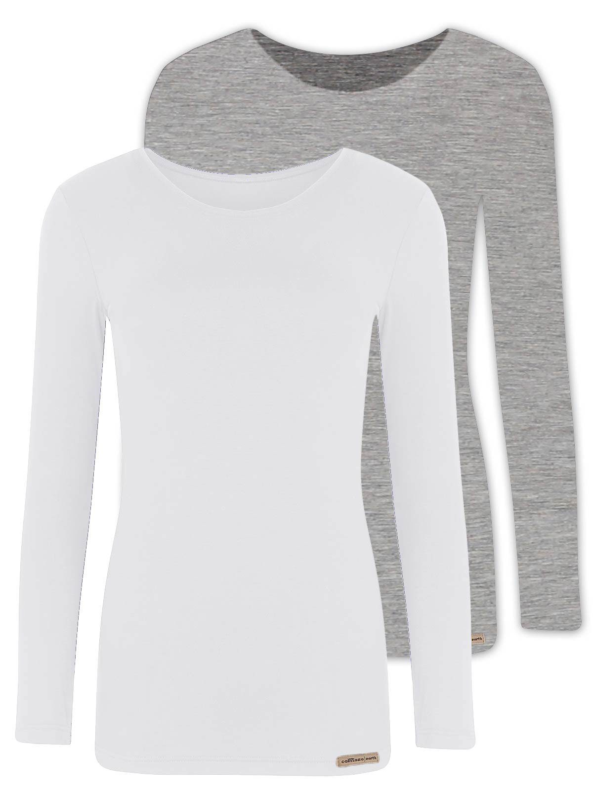 (Stück, Shirt 2-St) grau-melange-weiss Vegan Unterziehshirt Damen Langarm Baumwoll COMAZO Pack 2er