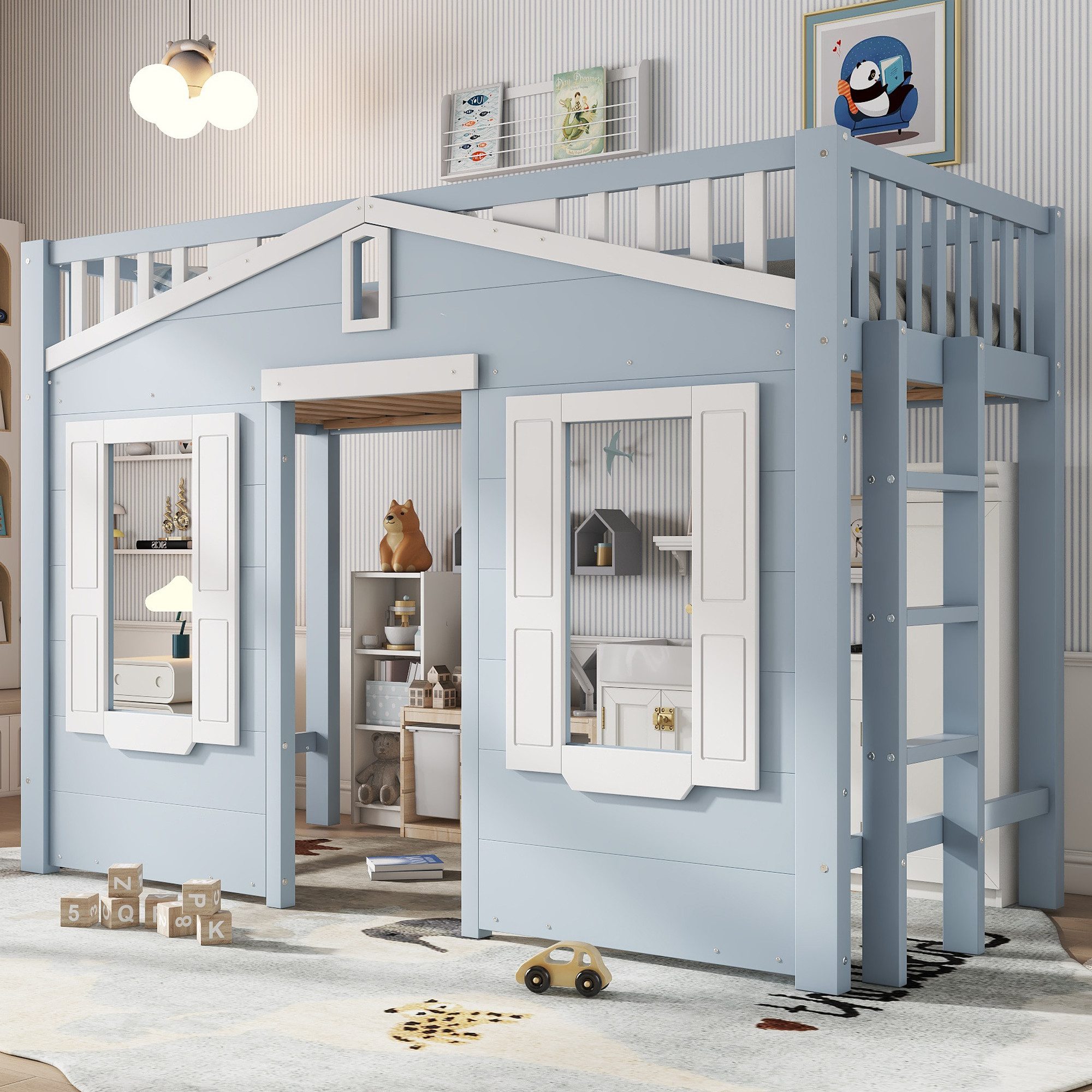 Flieks Hochbett Kinderbett Hausbett 90x200cm mit schöner Fenstergestaltung und Leiter
