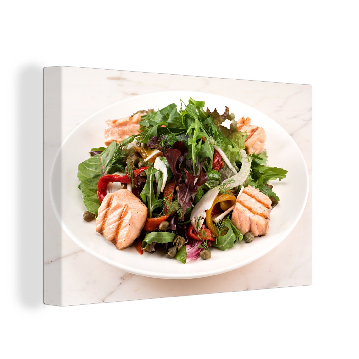 OneMillionCanvasses® Leinwandbild Gegrillter Salat mit Lachs, (1 St), Wandbild Leinwandbilder, Aufhängefertig, Wanddeko, 30x20 cm