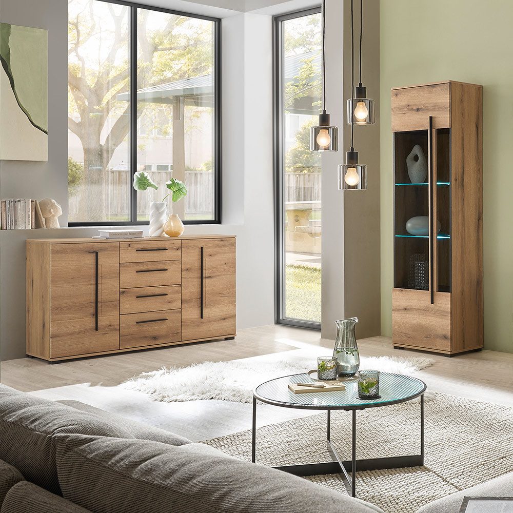 Lomadox Wohnzimmer-Set COLORADO-61, (Mega-Spar-Set, 2-St., Vitrine Kommode), in Eiche mit LED Glasbodenbeleuchtung und Softclose Schubladen