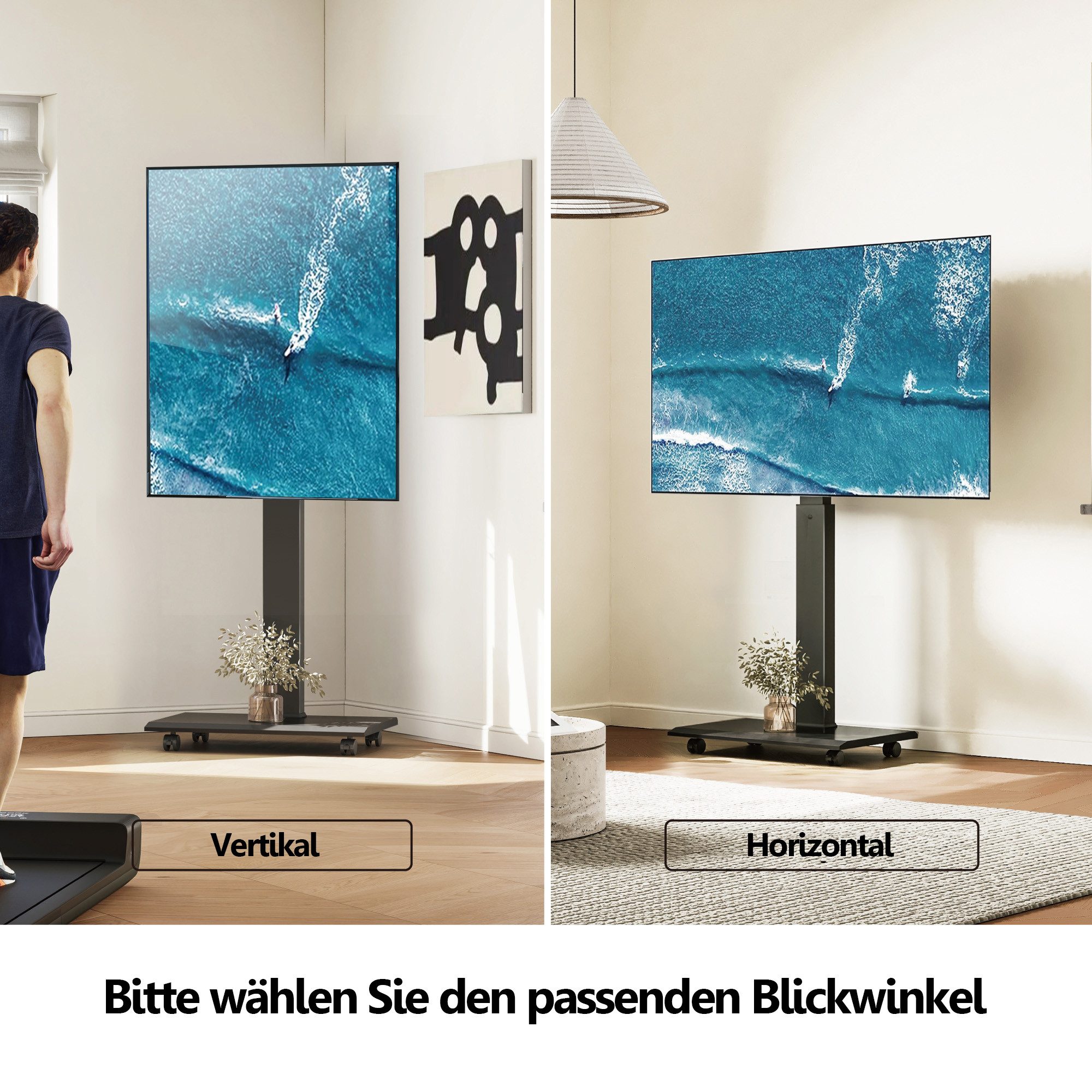 FITUEYES TV-Ständer mobiler TV-Rollwagen mit Rollen, 32-75 Zoll, 90° drehbar, (bis 75 Zoll, höhenverstellbar, ±30° schwenkbar, aus Stahl)