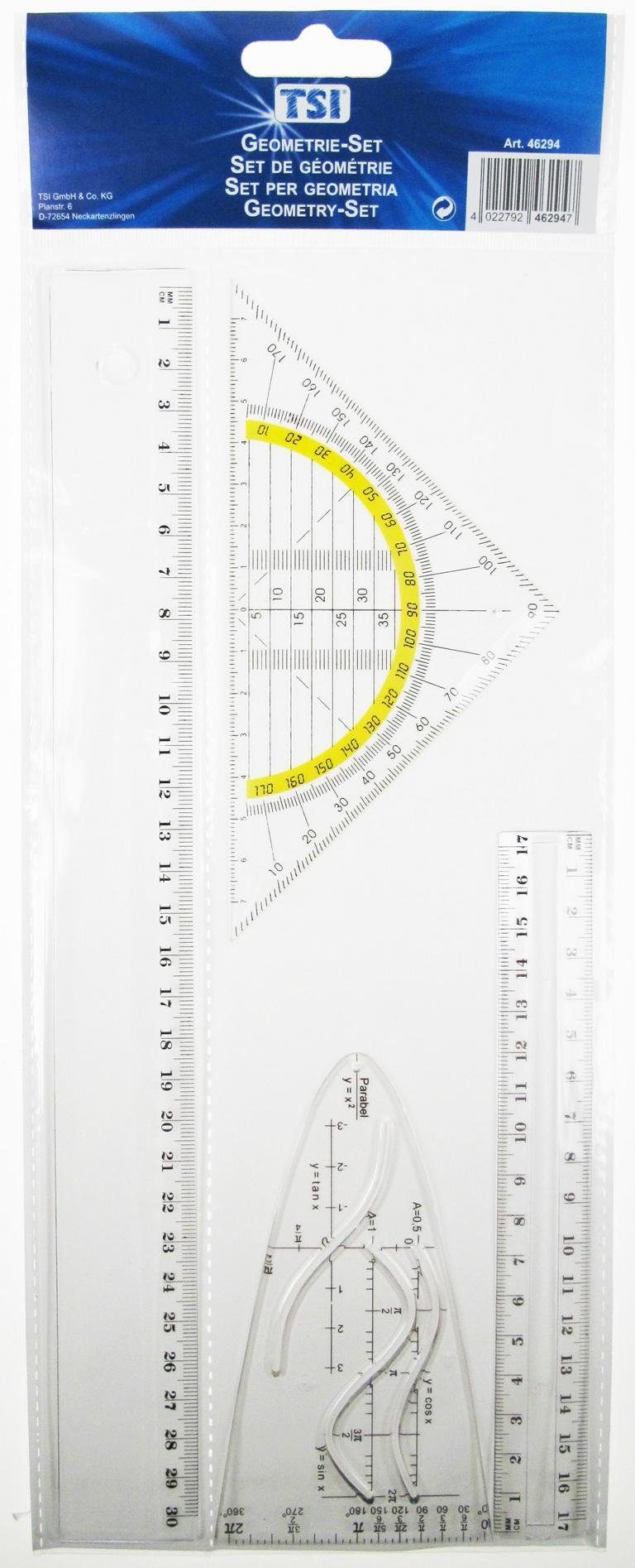 TSI Schreibwaren Lineal Zeichengarnitur 4tlg. Geo Dreieck 16cm + Lineal 17cm & 30cm + Parabel