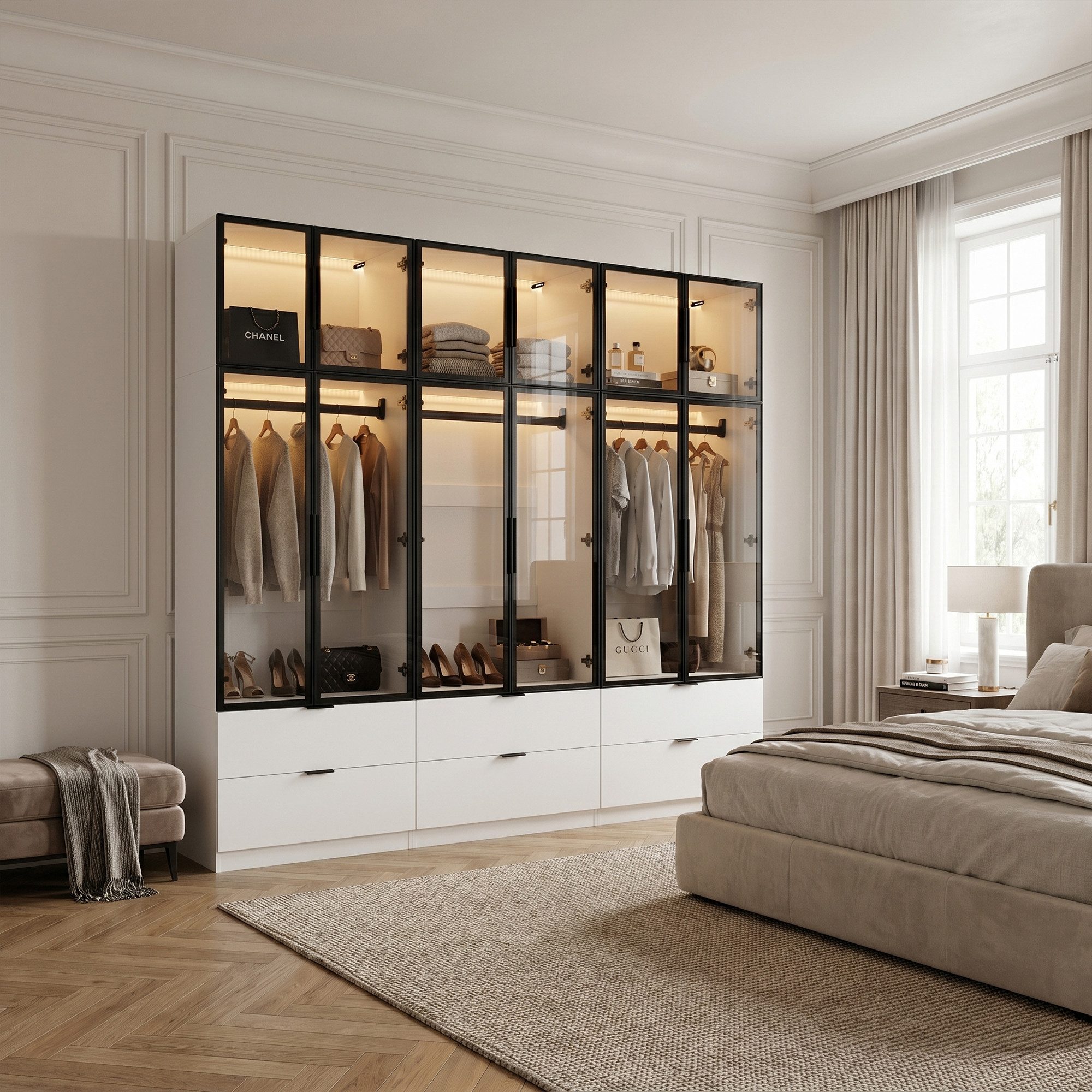 FUFU&GAGA Kleiderschrank 220 cm hoch, Aluminiumrahmen, Glastüren, LED, Hochglanz weiß (3-St)