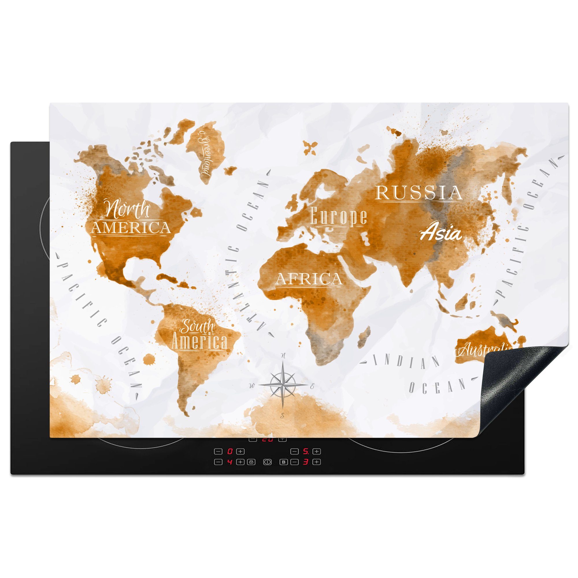 MuchoWow Herdblende-/Abdeckplatte Karte - Gold - Welt, Vinyl, (1 tlg), 81x52 cm, Induktionskochfeld Schutz für die küche, Ceranfeldabdeckung