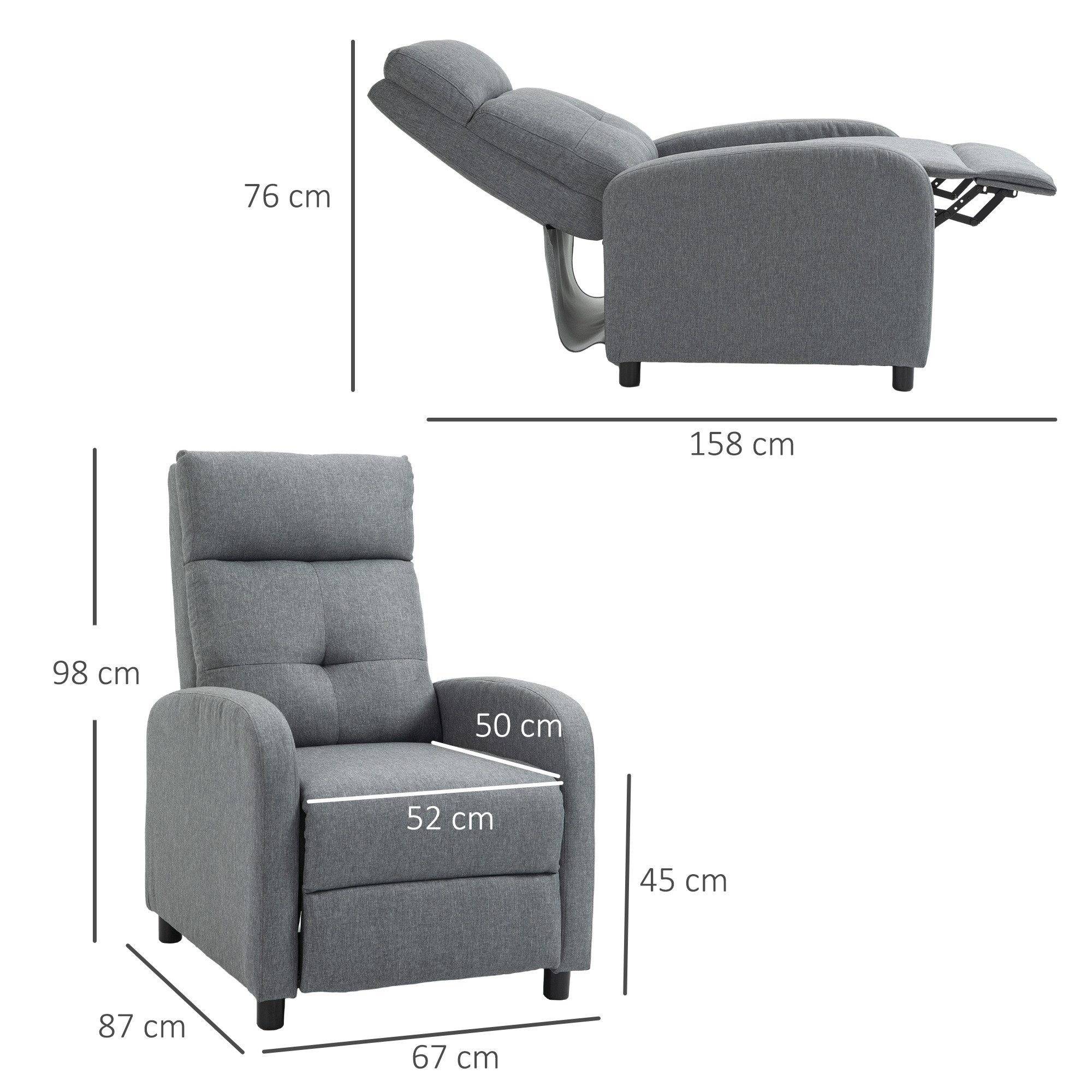 HOMCOM Relaxsessel Fernsehsessel mit Liegefunktion, Leinenoptik (TV-Sessel mit Taschenfederkern, 1-St., Ruhesessel), für Wohnzimmer, Schlafzimmer, Grau